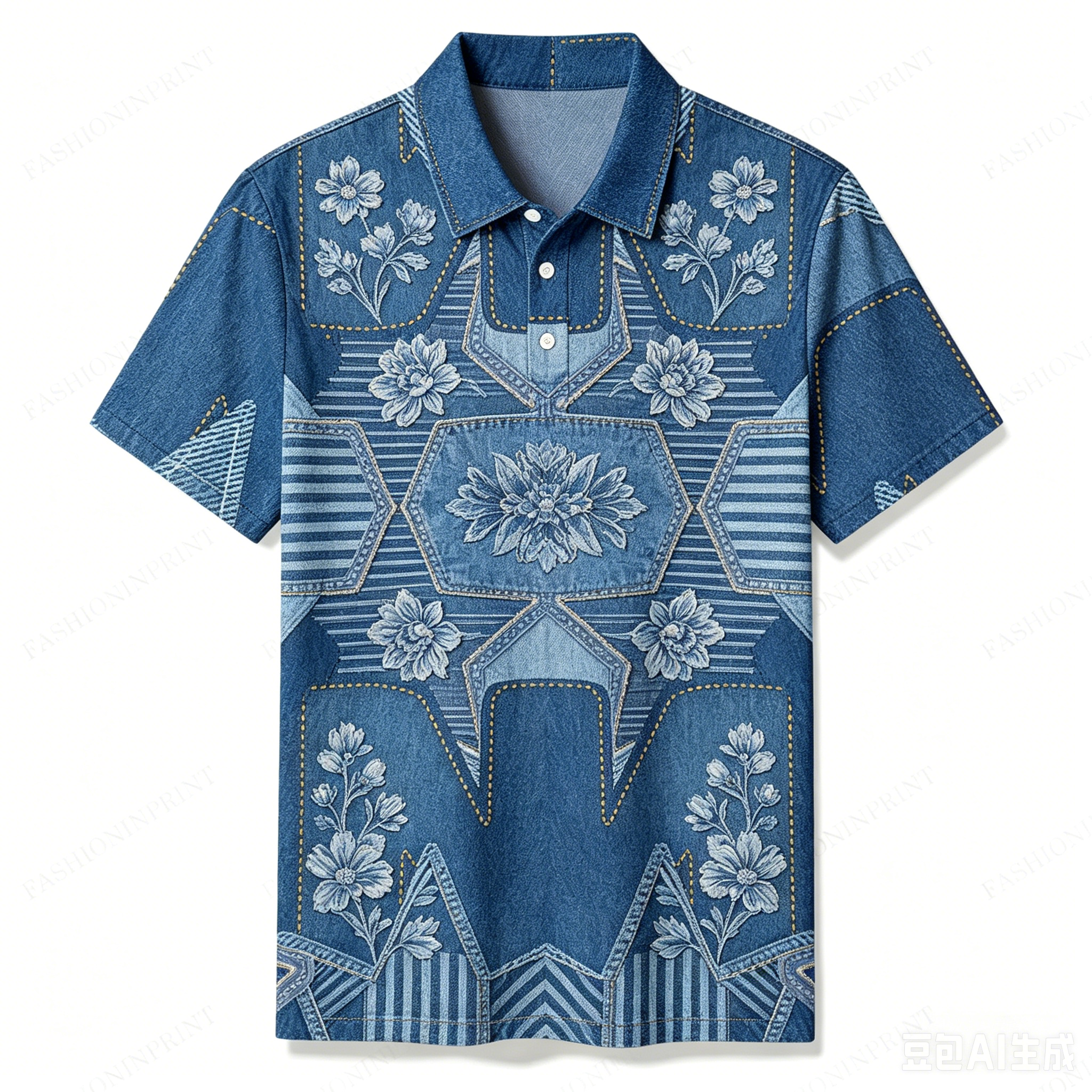 Men's Summer Casual Denim Geometric Print Short Sleeve Polo Shirt