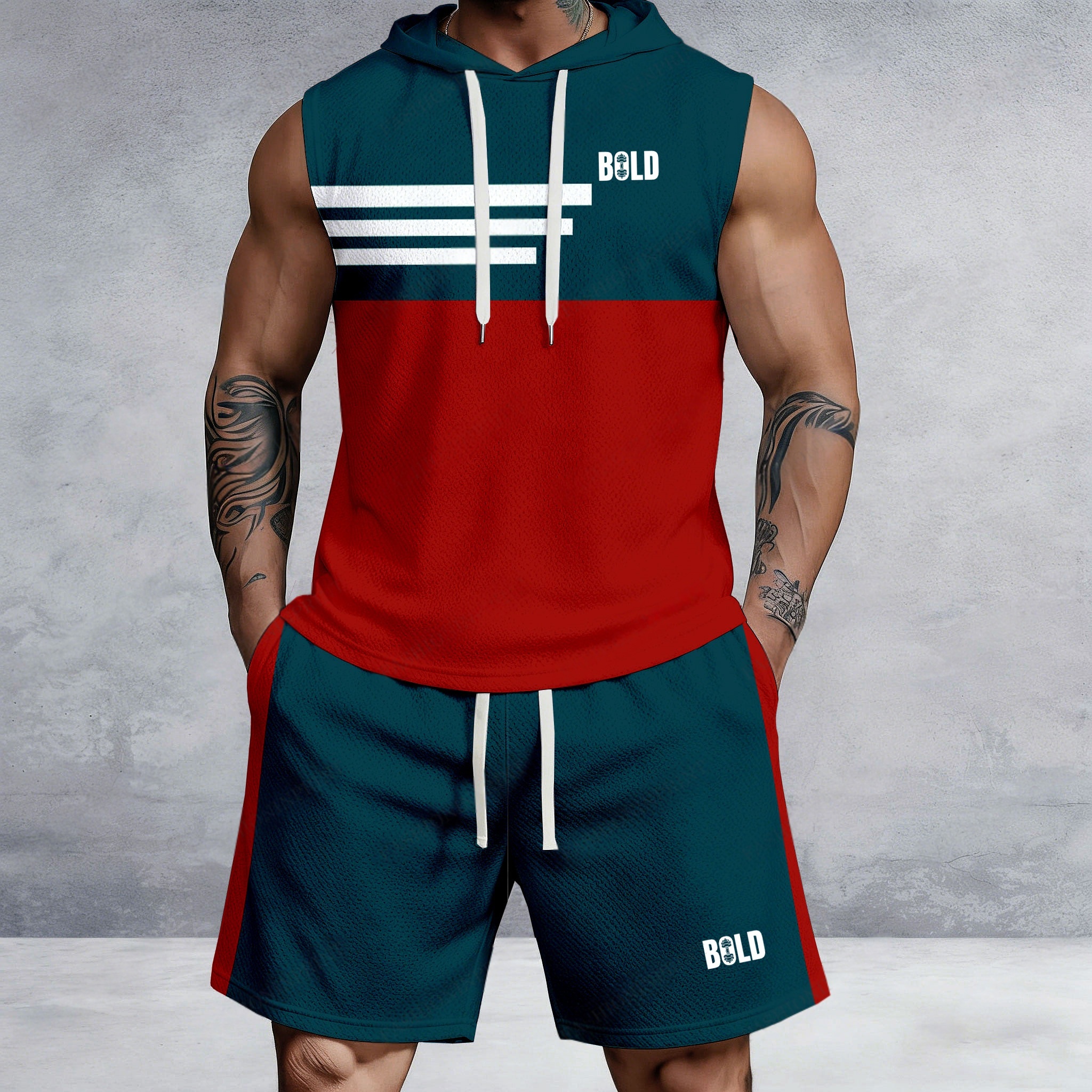 Men's Casual Green & Red Color Block Striped Print Sleeveless Hoodie And Shorts Two-Piece Set
