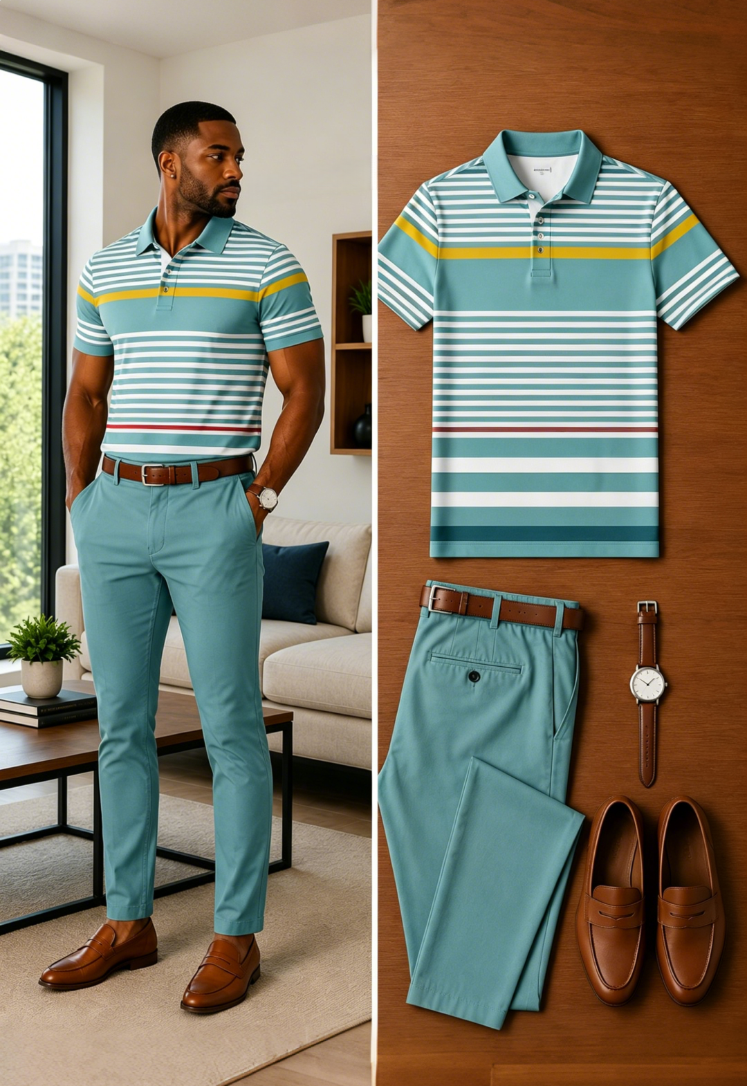 Men's Casual Short Sleeve Polo Shirt And Pants Two-Piece Set