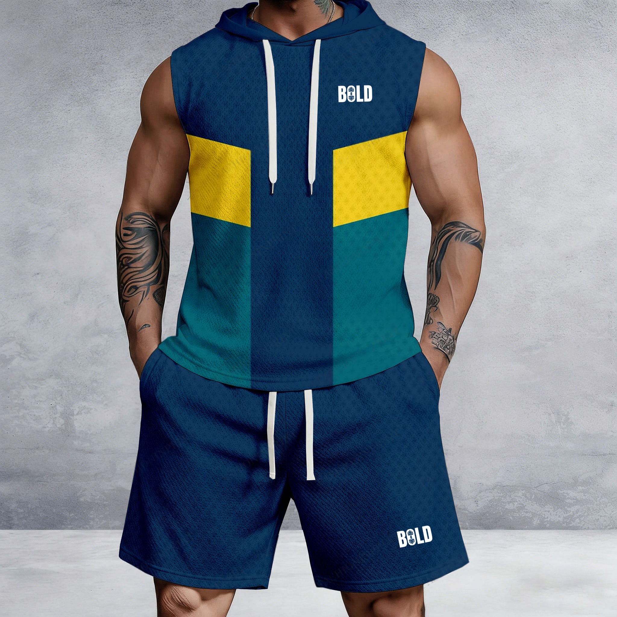 Men's Casual Navy Blue & Green & Yellow Color Block Geometric Print Sleeveless Hoodie And Shorts Two-Piece Set