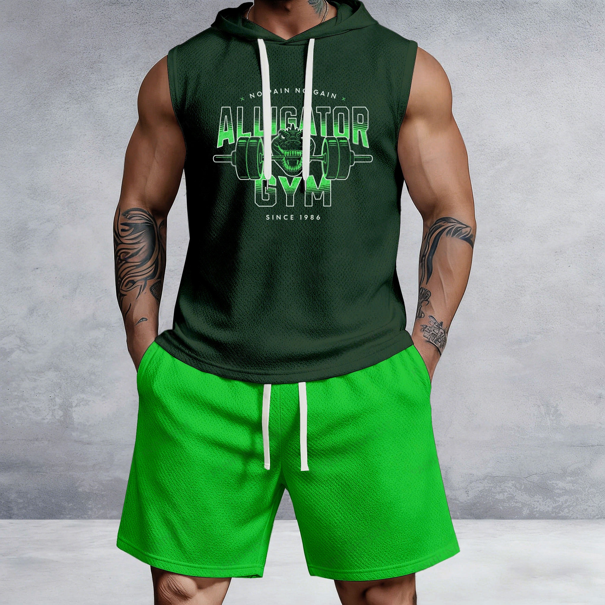 Men's Casual Green & Dark Green Color Block Dumbbel Print Sleeveless Hoodie And Shorts Two-Piece Set