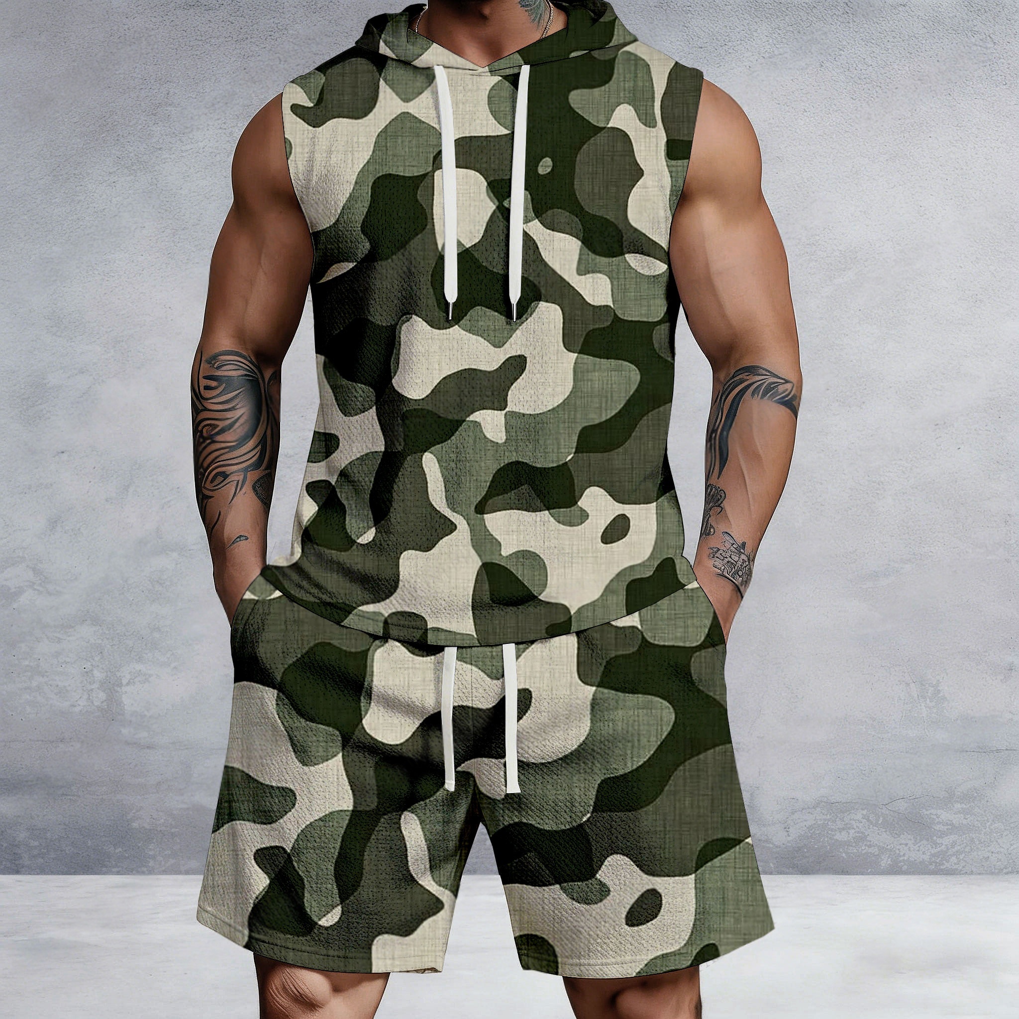 Men's Casual Arm Green Color Block Camouflage Print Sleeveless Hoodie And Shorts Two-Piece Set
