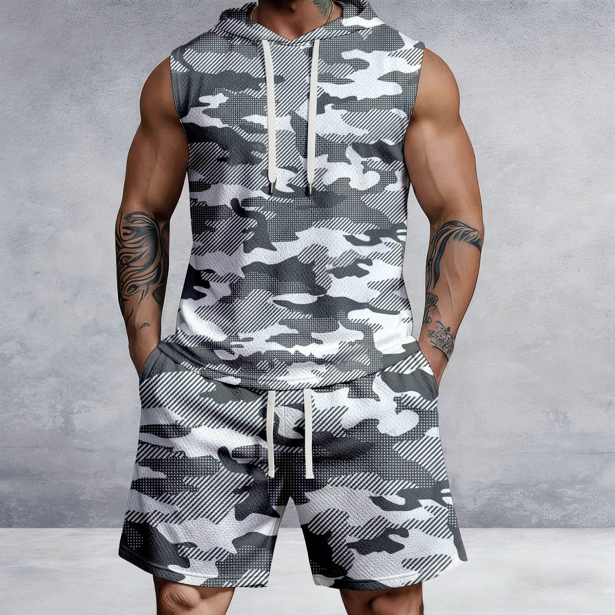 Men's Casual Gray Color Block Camouflage Print Sleeveless Hoodie And Shorts Two-Piece Set