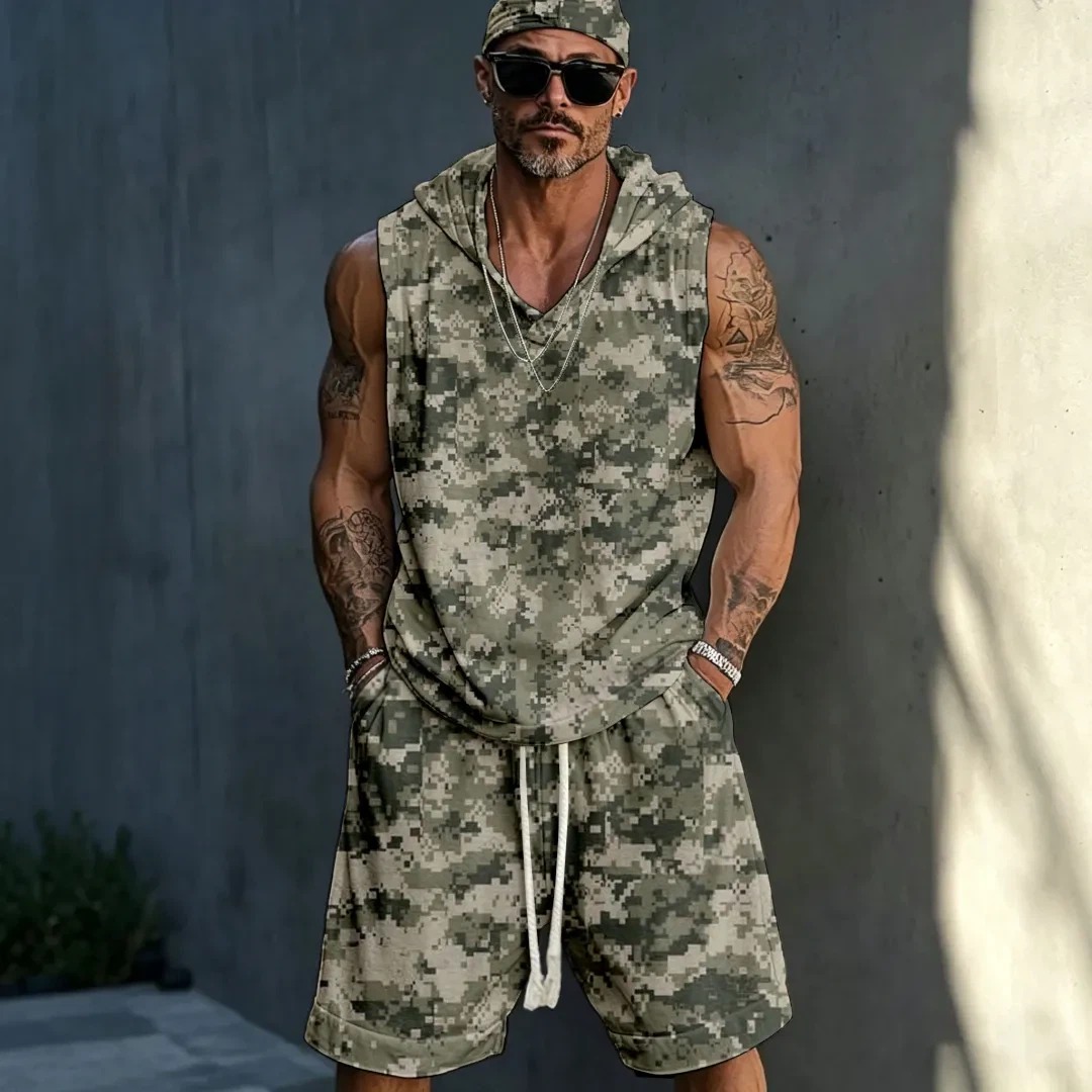 Men's Casual Light Green Printed Sleeveless Hoodie And Shorts Set (Hat Not Included)