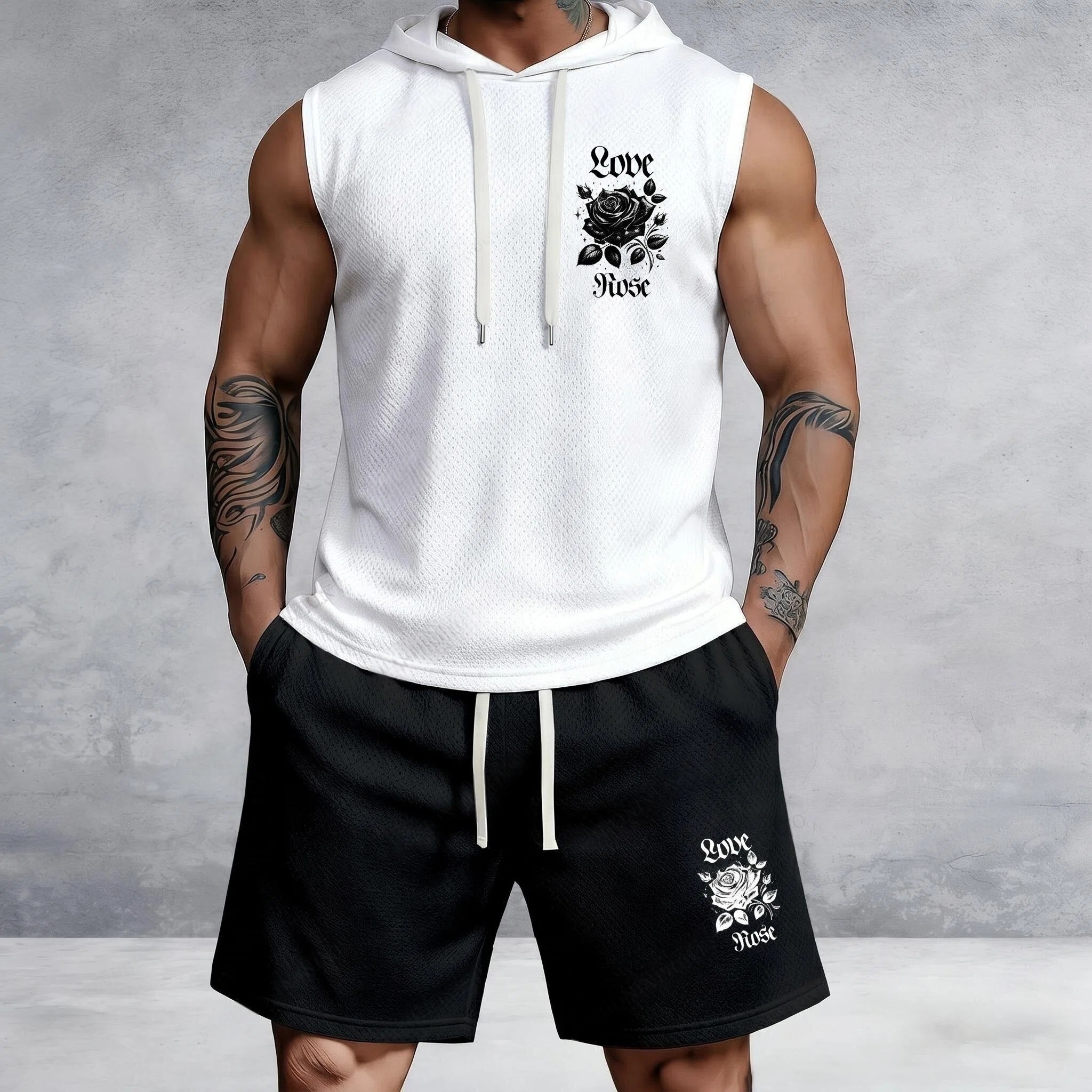 Men's Casual Black & White Color Block Rose Print Sleeveless Hoodie And Shorts Two-Piece Set