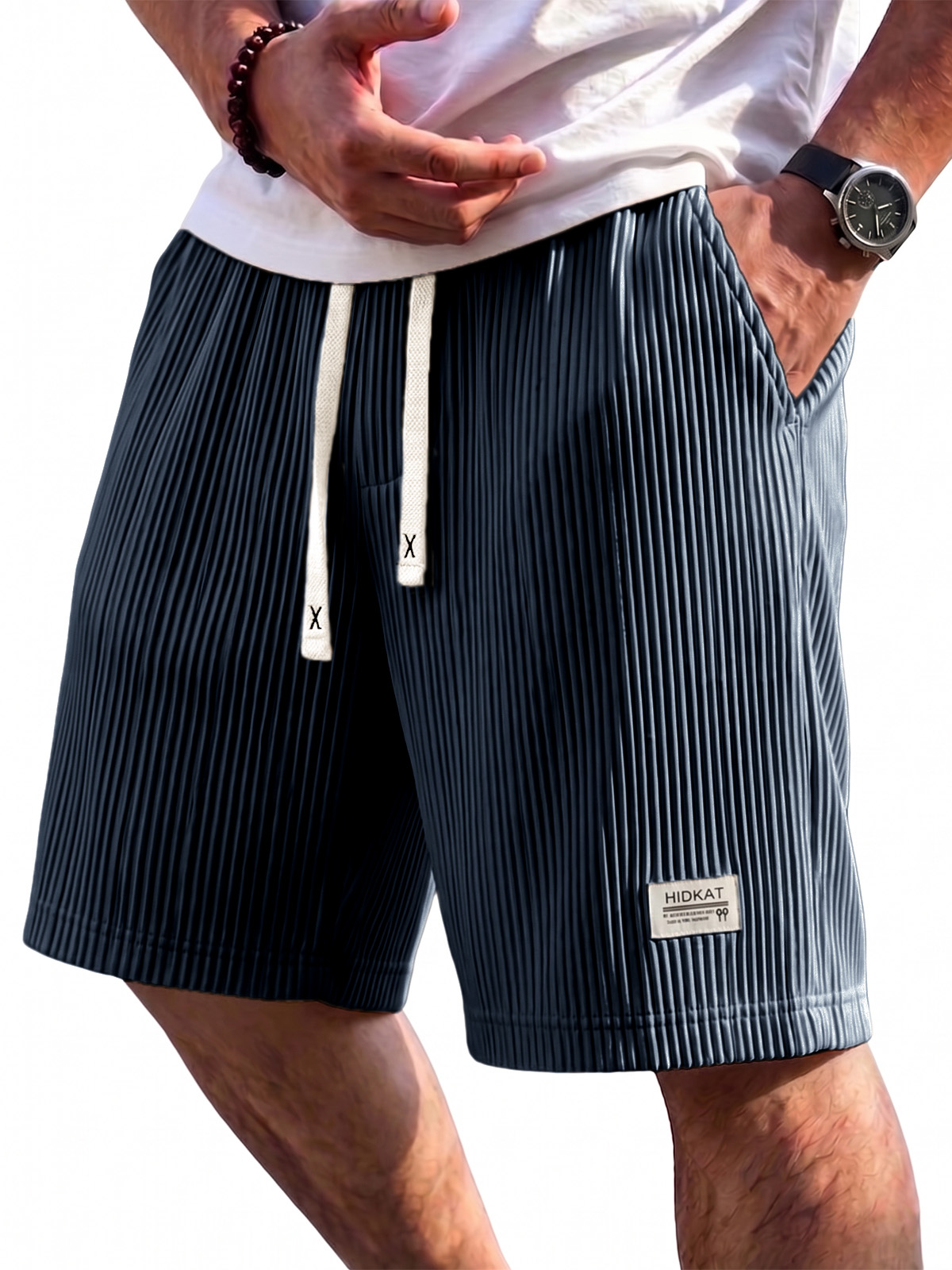 Pleated Vertical Striped Ice Silk Cooling Shorts with Embroidery