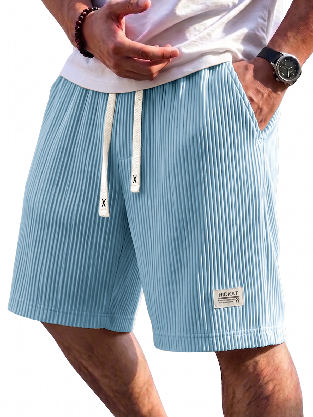 Pleated Vertical Striped Ice Silk Cooling Shorts with Embroidery