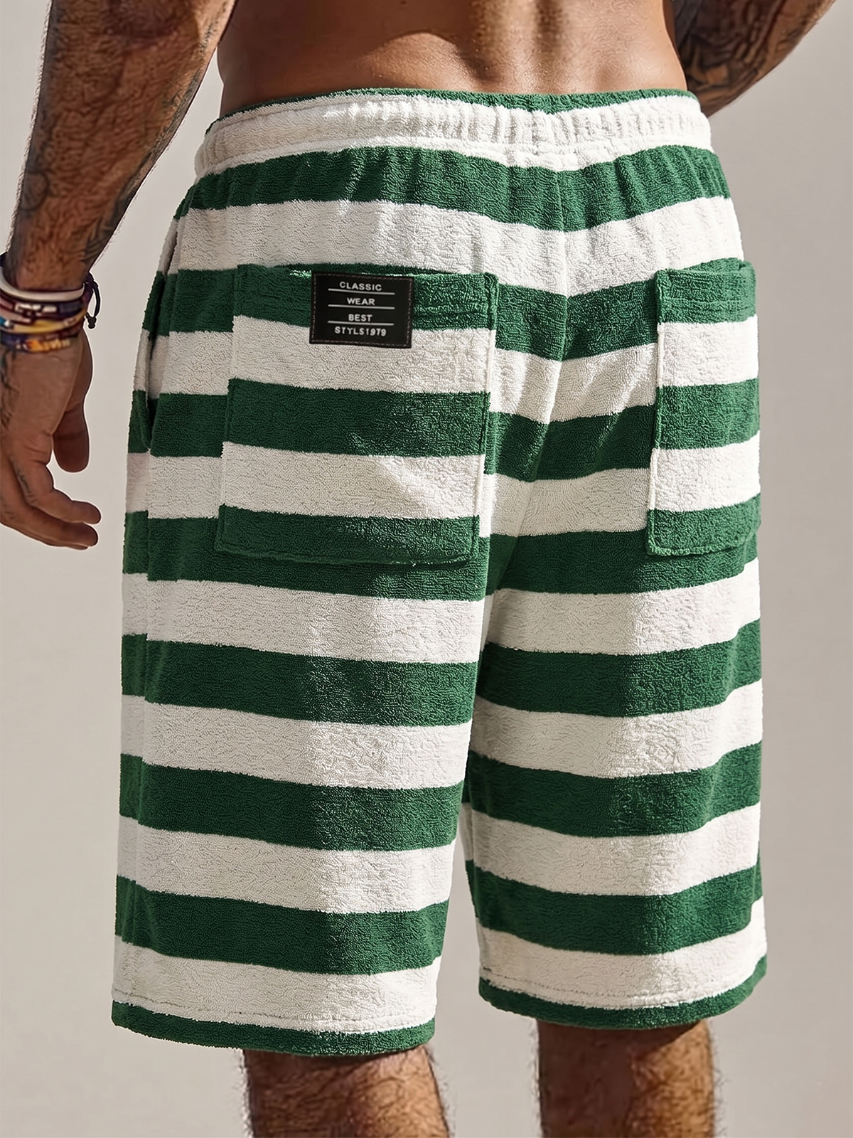 Vintage Surf Striped Terry Shorts with Multiple Pockets