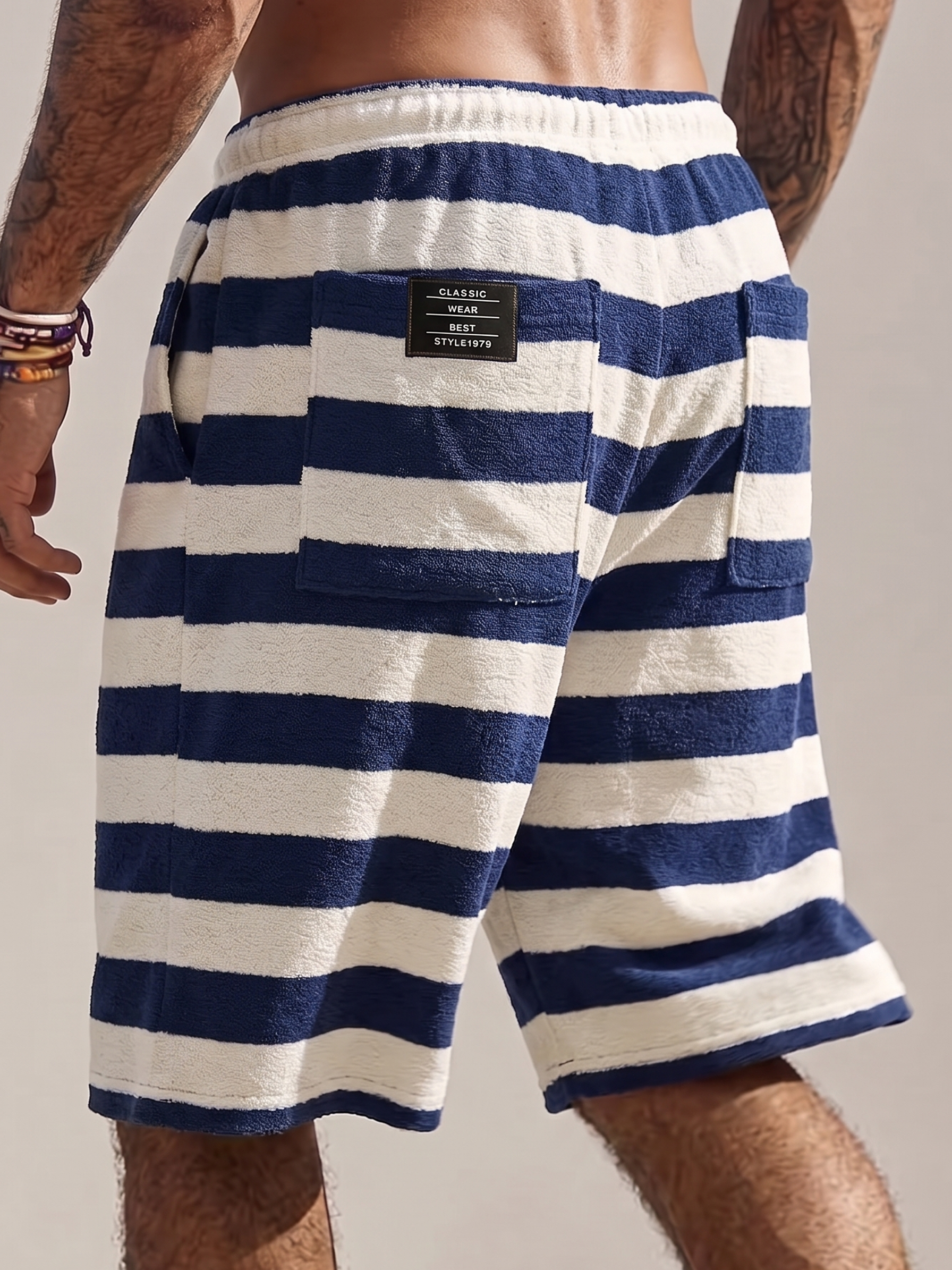 Vintage Surf Striped Terry Shorts with Multiple Pockets