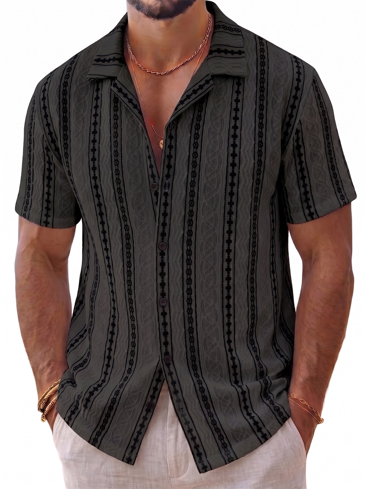 Men's Vintage Geometric Jacquard Short-Sleeve Cuban Collar Shirt with Artisanal Vertical Pattern