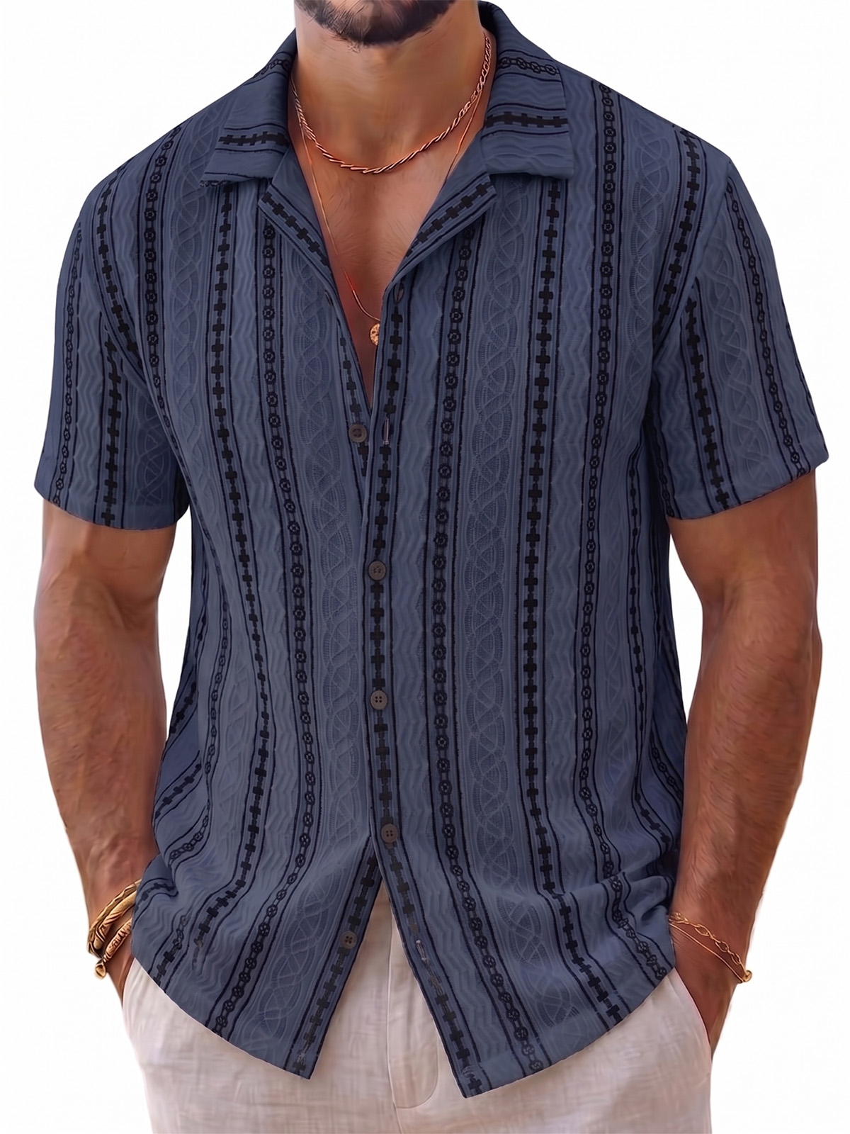 Men's Vintage Geometric Jacquard Short-Sleeve Cuban Collar Shirt with Artisanal Vertical Pattern