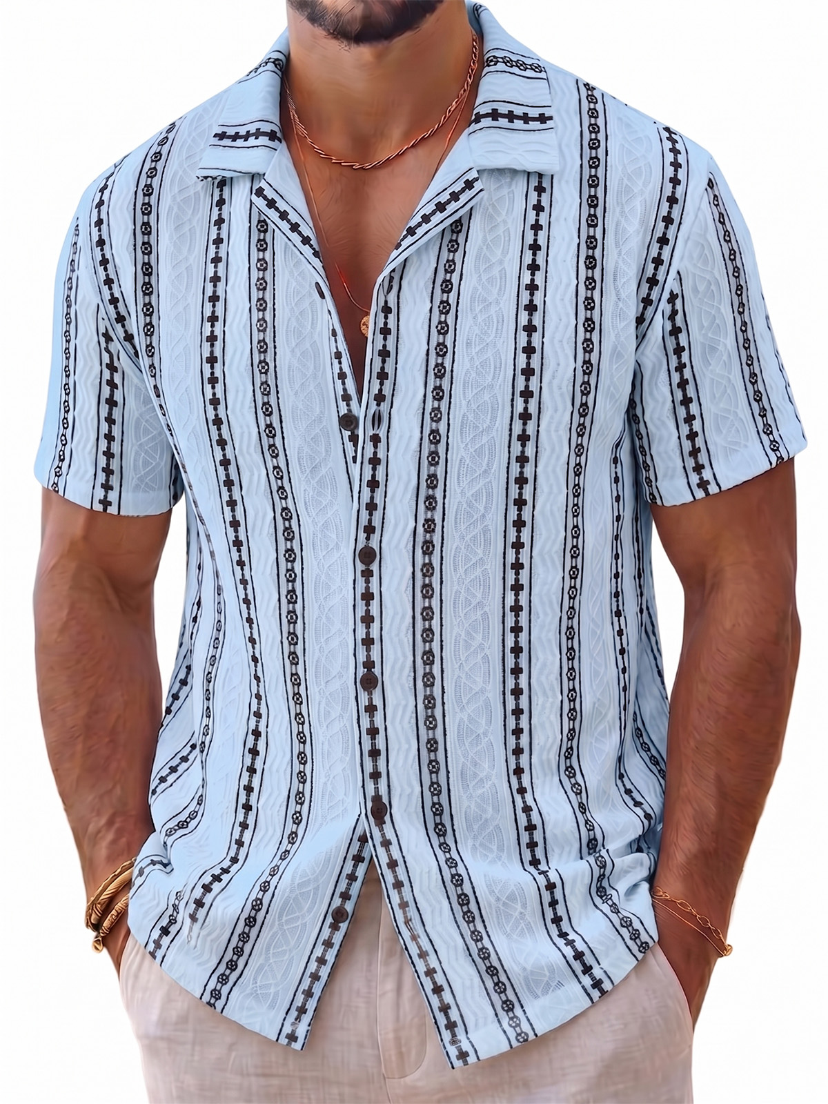 Men's Vintage Geometric Jacquard Short-Sleeve Cuban Collar Shirt with Artisanal Vertical Pattern