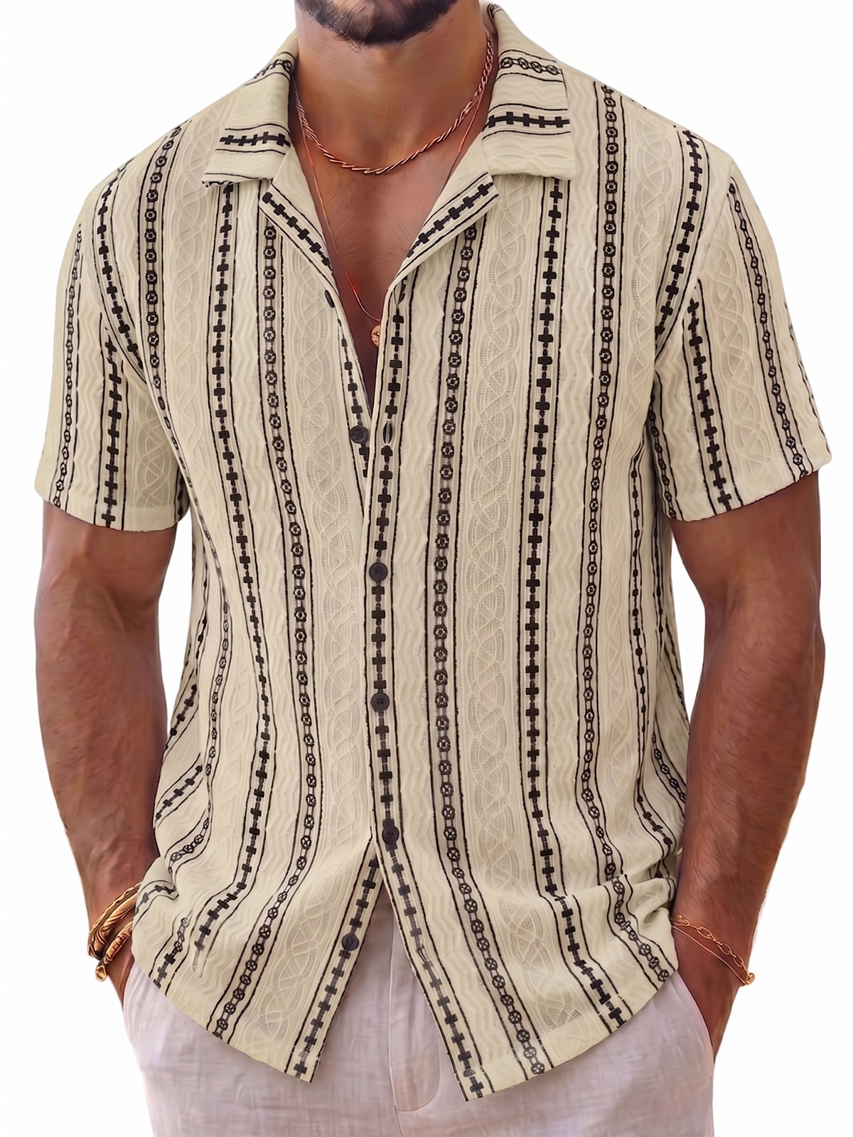 Men's Vintage Geometric Jacquard Short-Sleeve Cuban Collar Shirt with Artisanal Vertical Pattern