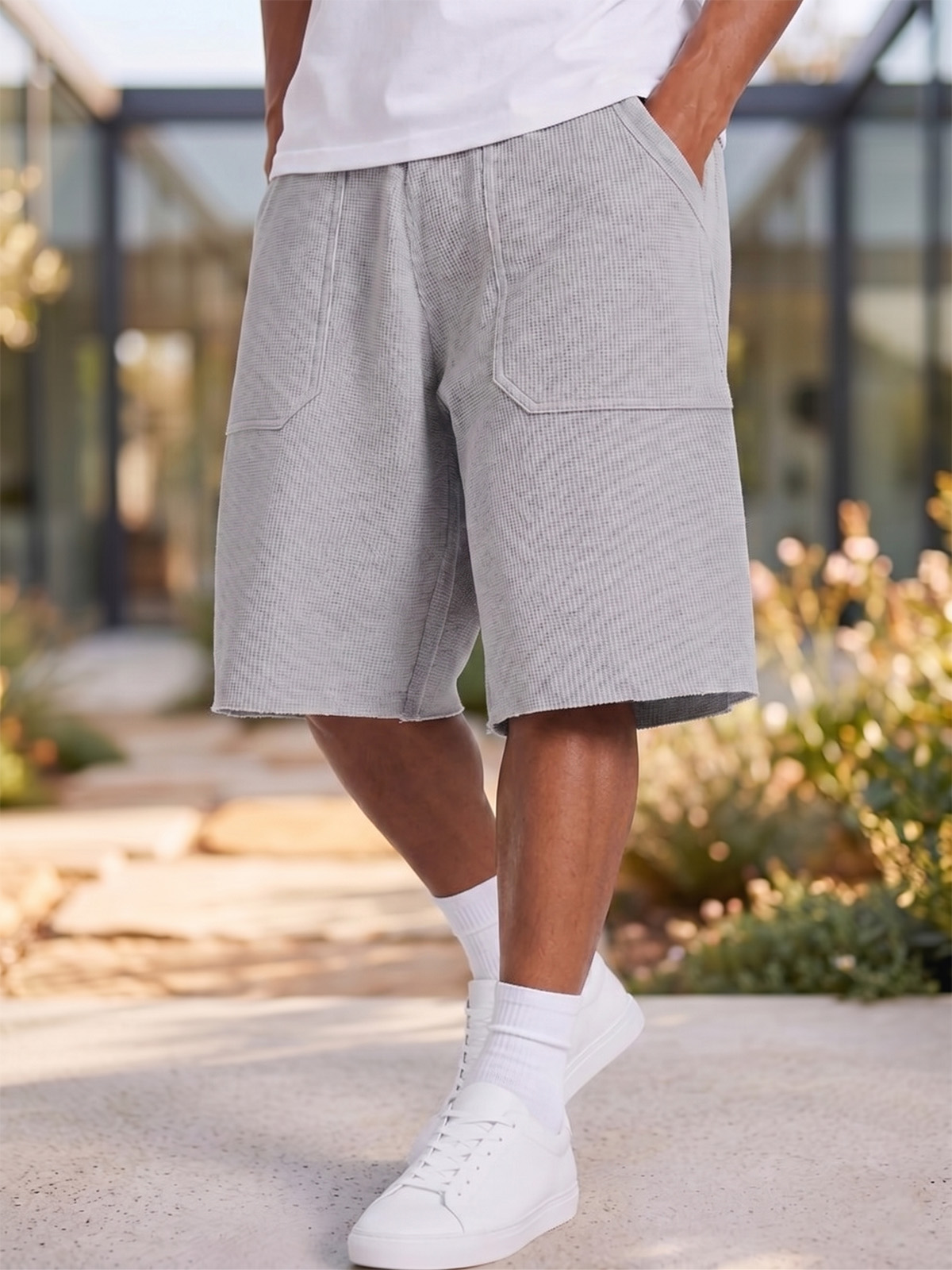 Breathable Waffle-Knit Textured Shorts with Vintage Deep Patch Pockets