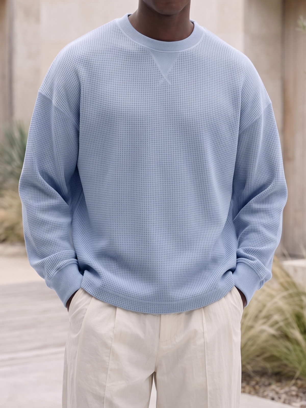 Men's Basic Waffle-Knit Crewneck Long-Sleeve Pullover with Inverted Triangle Embroidery