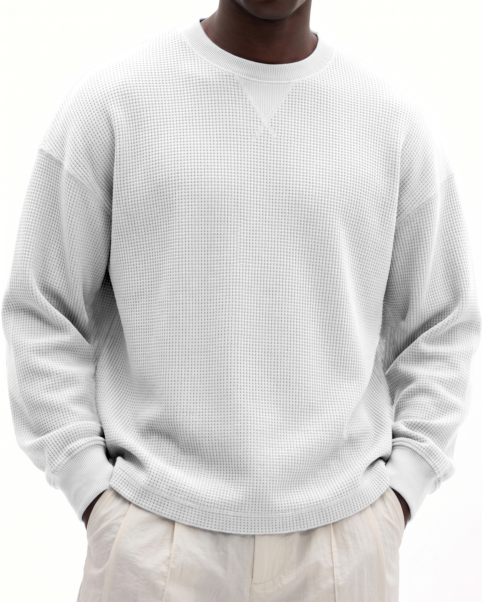 Men's Basic Waffle-Knit Crewneck Long-Sleeve Pullover with Inverted Triangle Embroidery