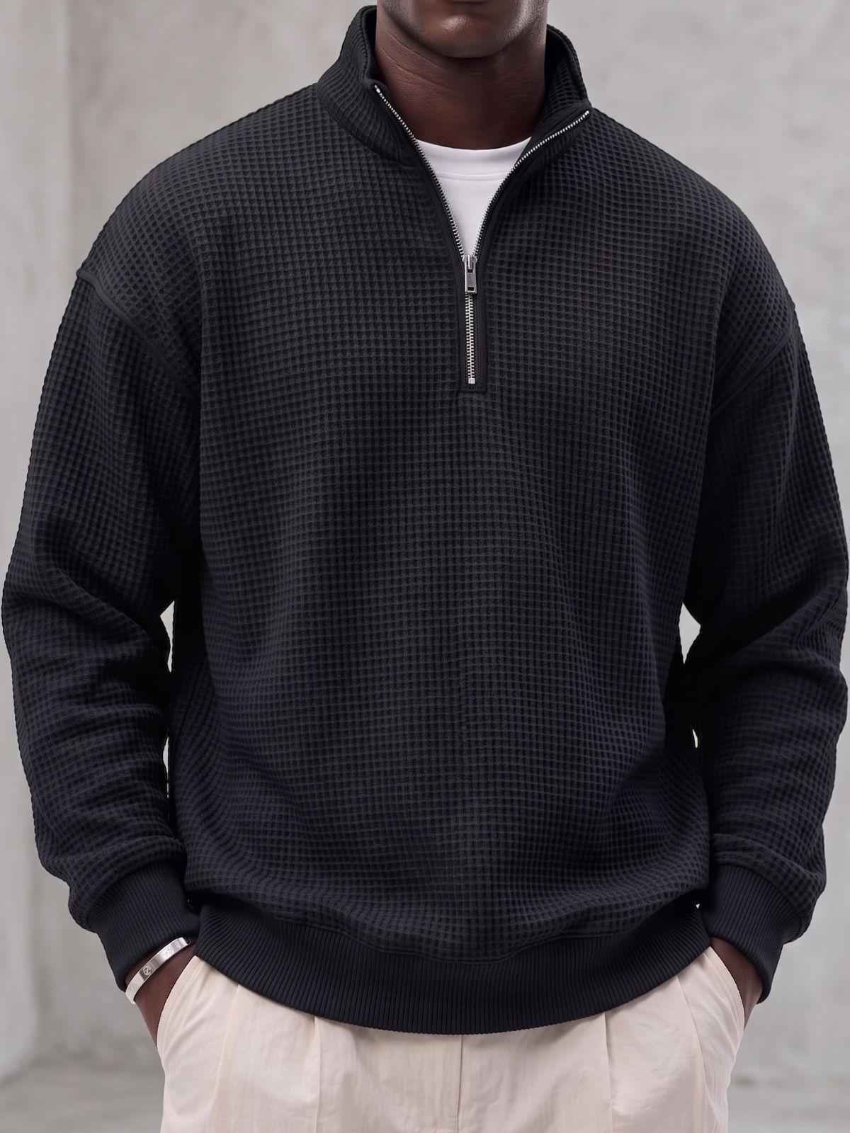 Waffle-textured Quarter-zip Polo Pullover