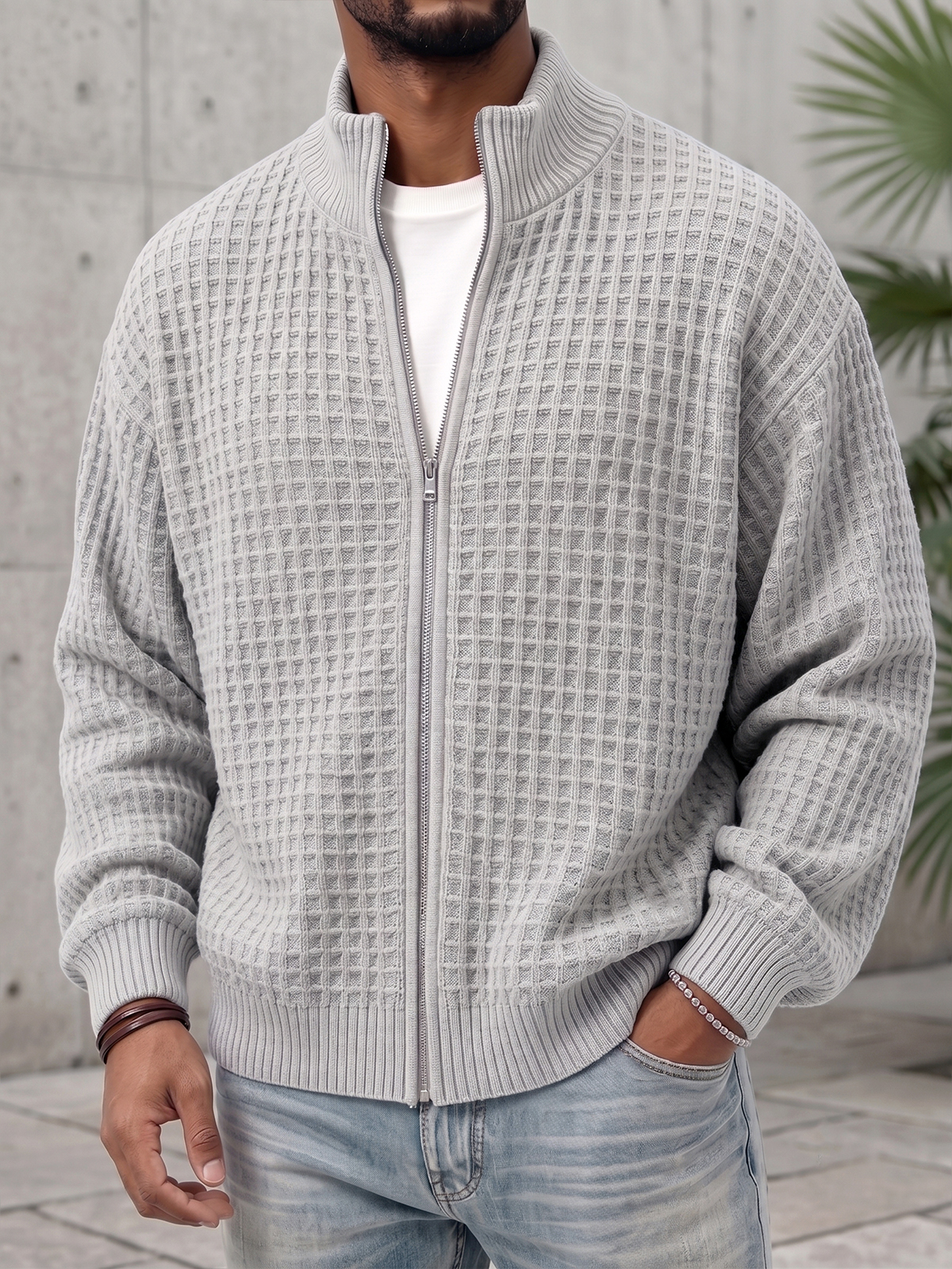 Textured Waffle Knit Cardigan Zip-up Jacket Sweatshirt