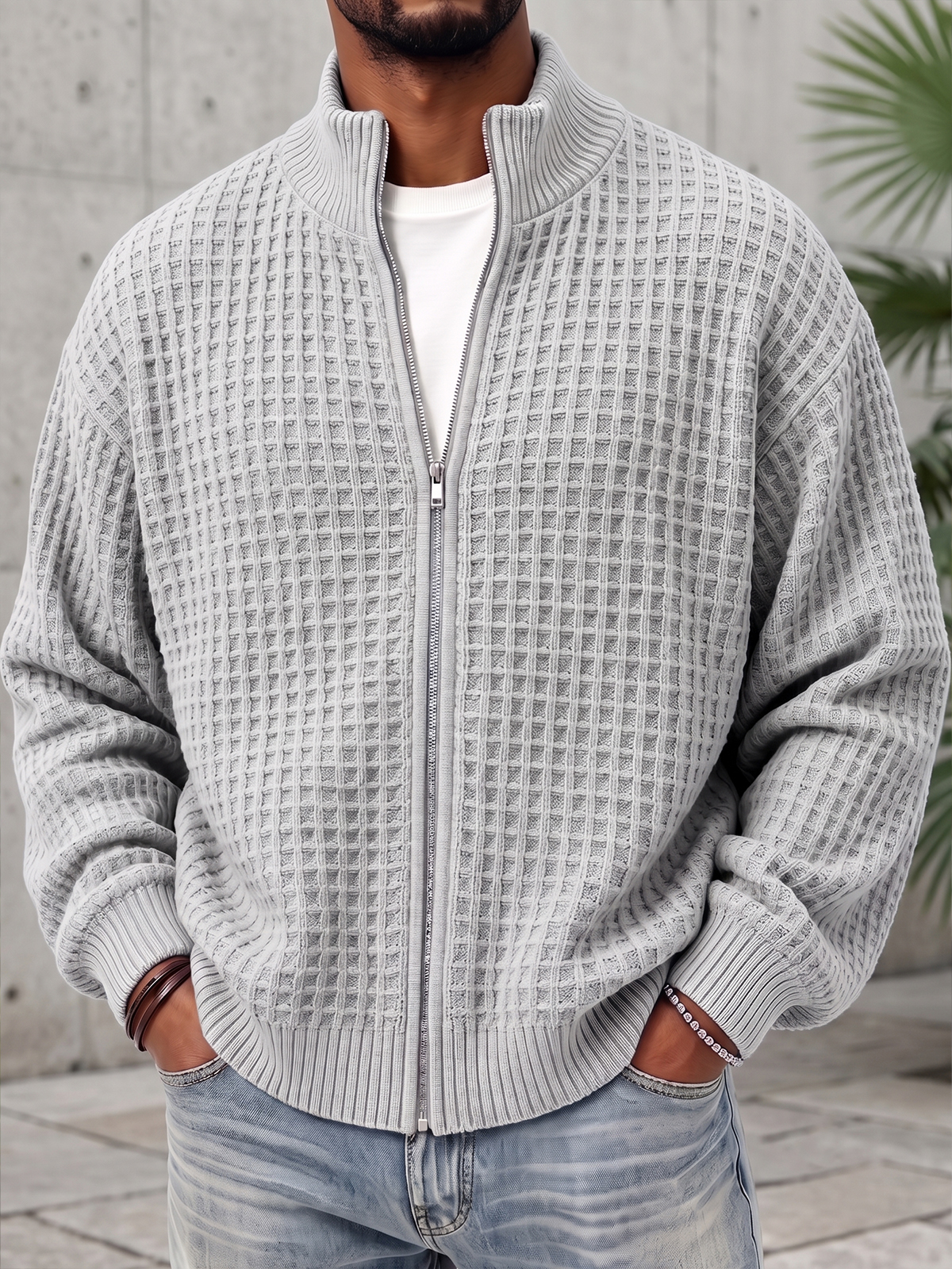 Textured Waffle Knit Cardigan Zip-up Jacket Sweatshirt