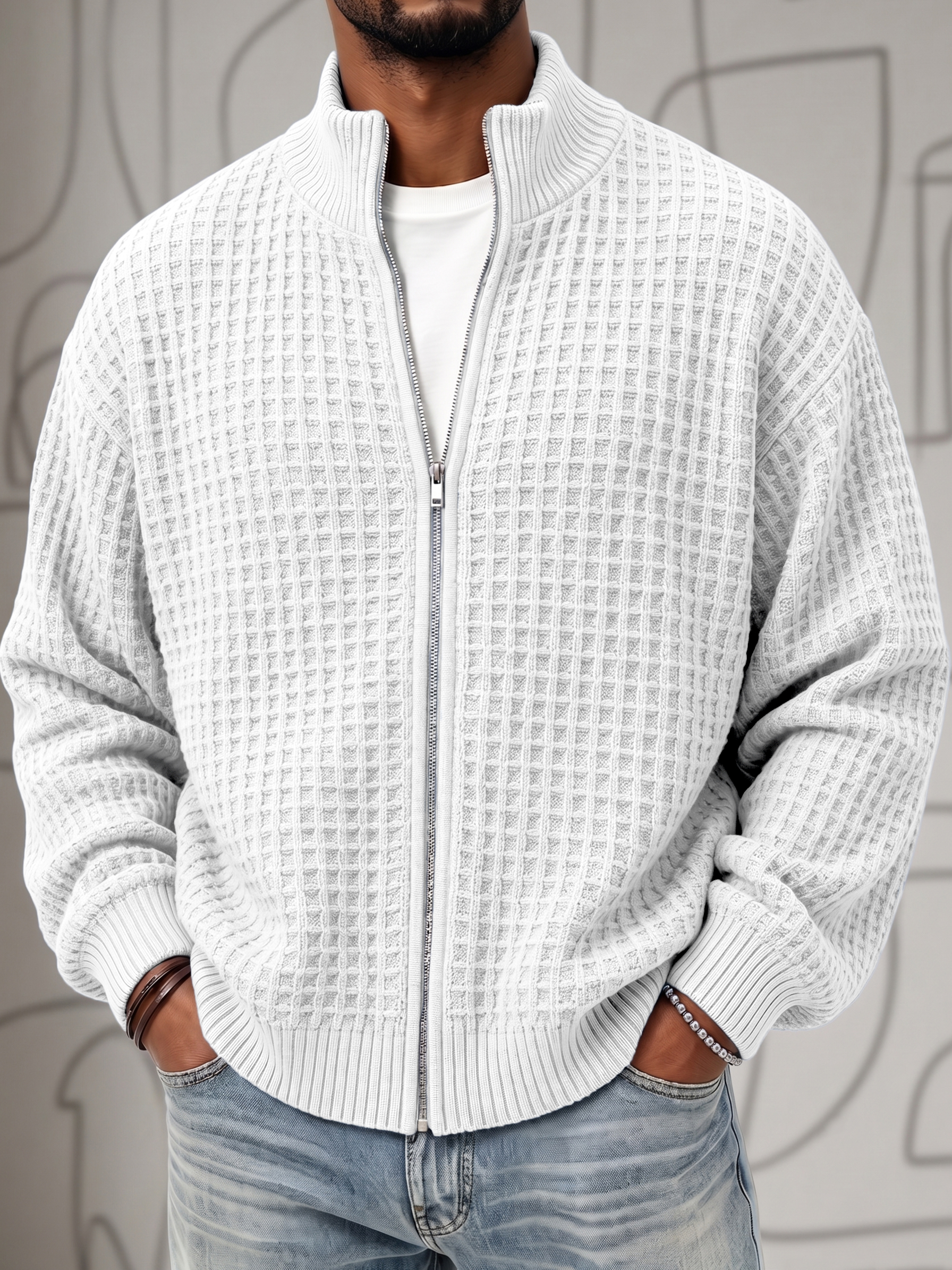 Textured Waffle Knit Cardigan Zip-up Jacket Sweatshirt