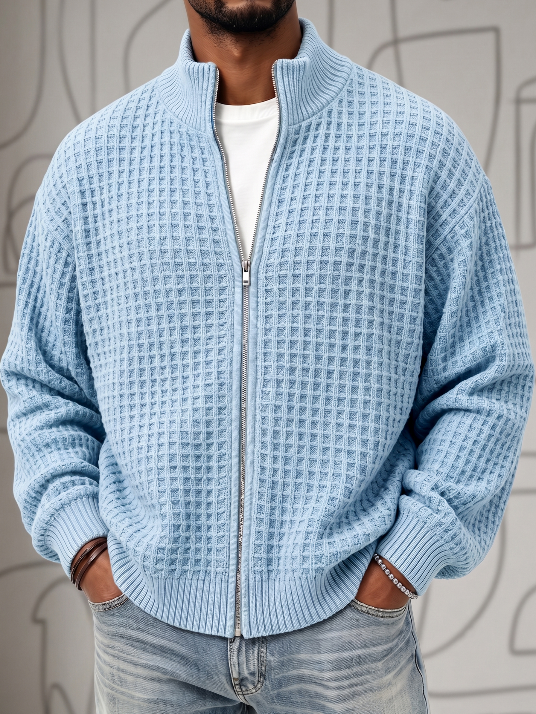 Textured Waffle Knit Cardigan Zip-up Jacket Sweatshirt