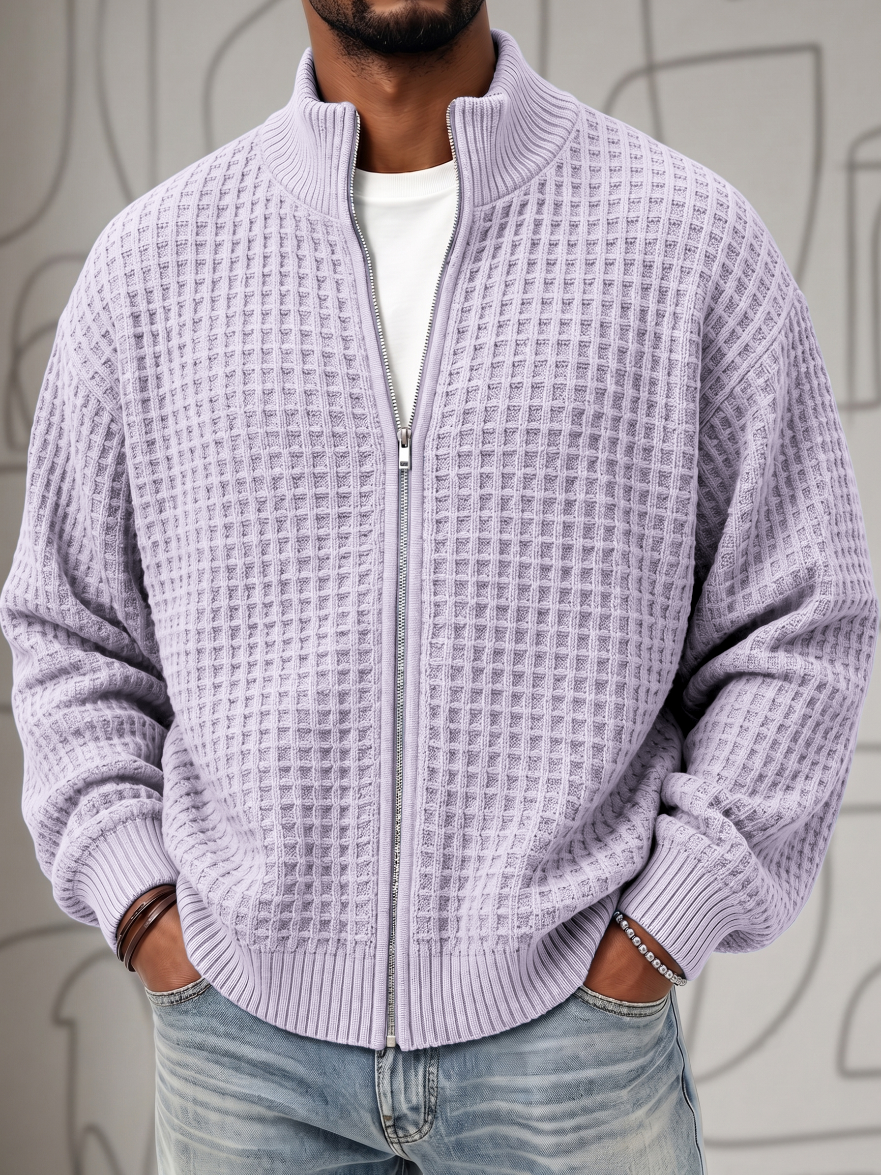 Textured Waffle Knit Cardigan Zip-up Jacket Sweatshirt