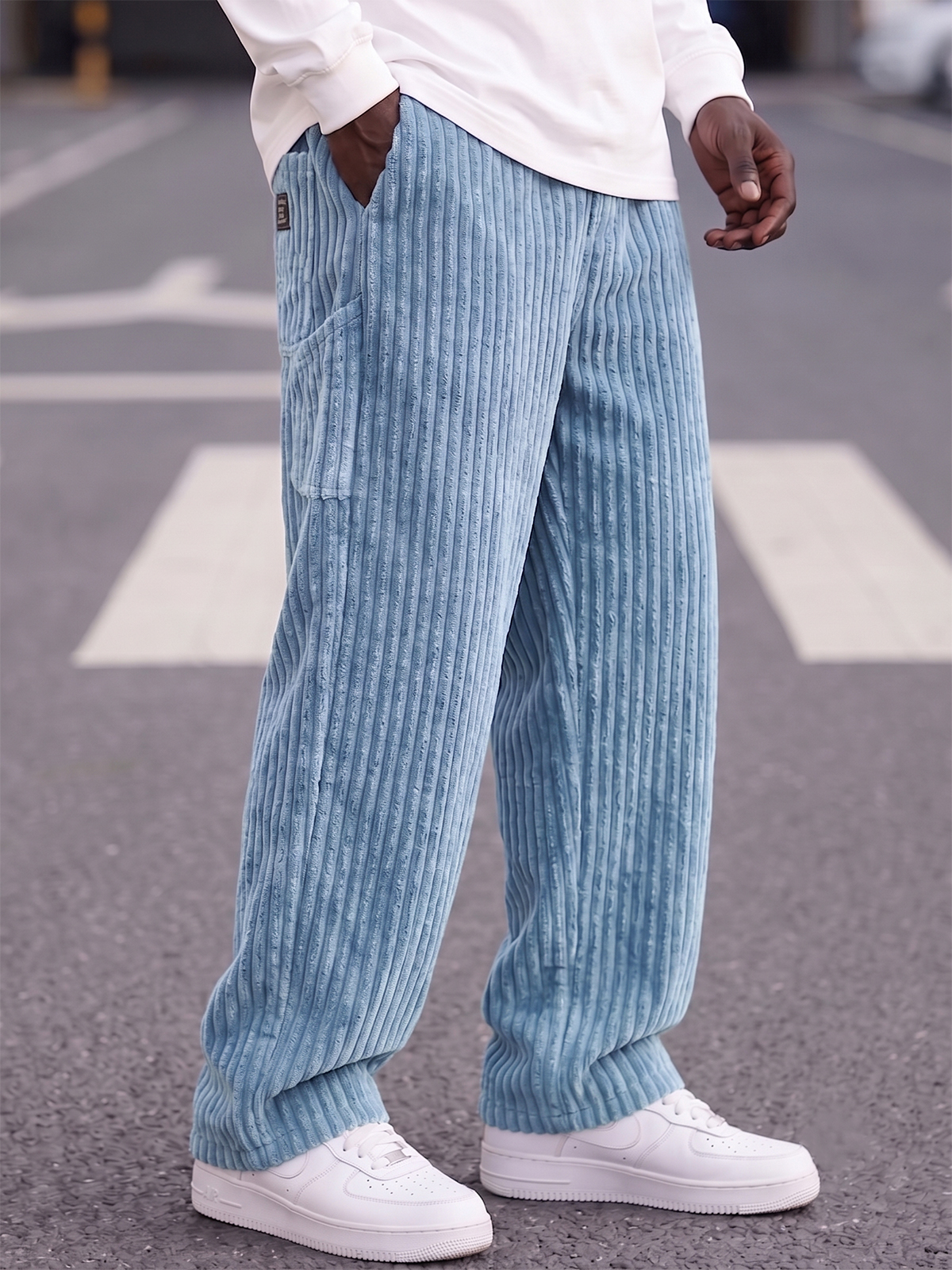Stylish Vintage Wide Vertical Stripes Cord Pants—Multi-pocket Design