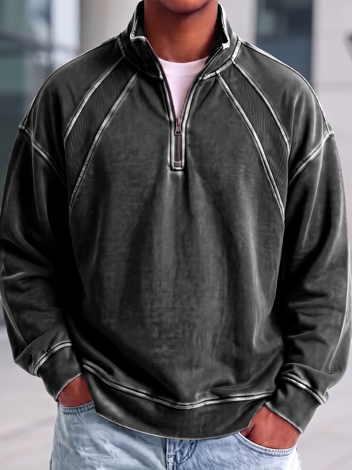 Heavyweight Cotton Quarter-Zip Polo Shirt with Vintage Texture and Ribbed Raglan Paneling Design