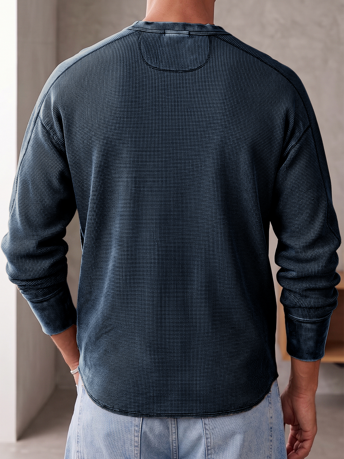 Vintage Dyed Waffle Textured Basic Long-sleeve Pullover T-shirt