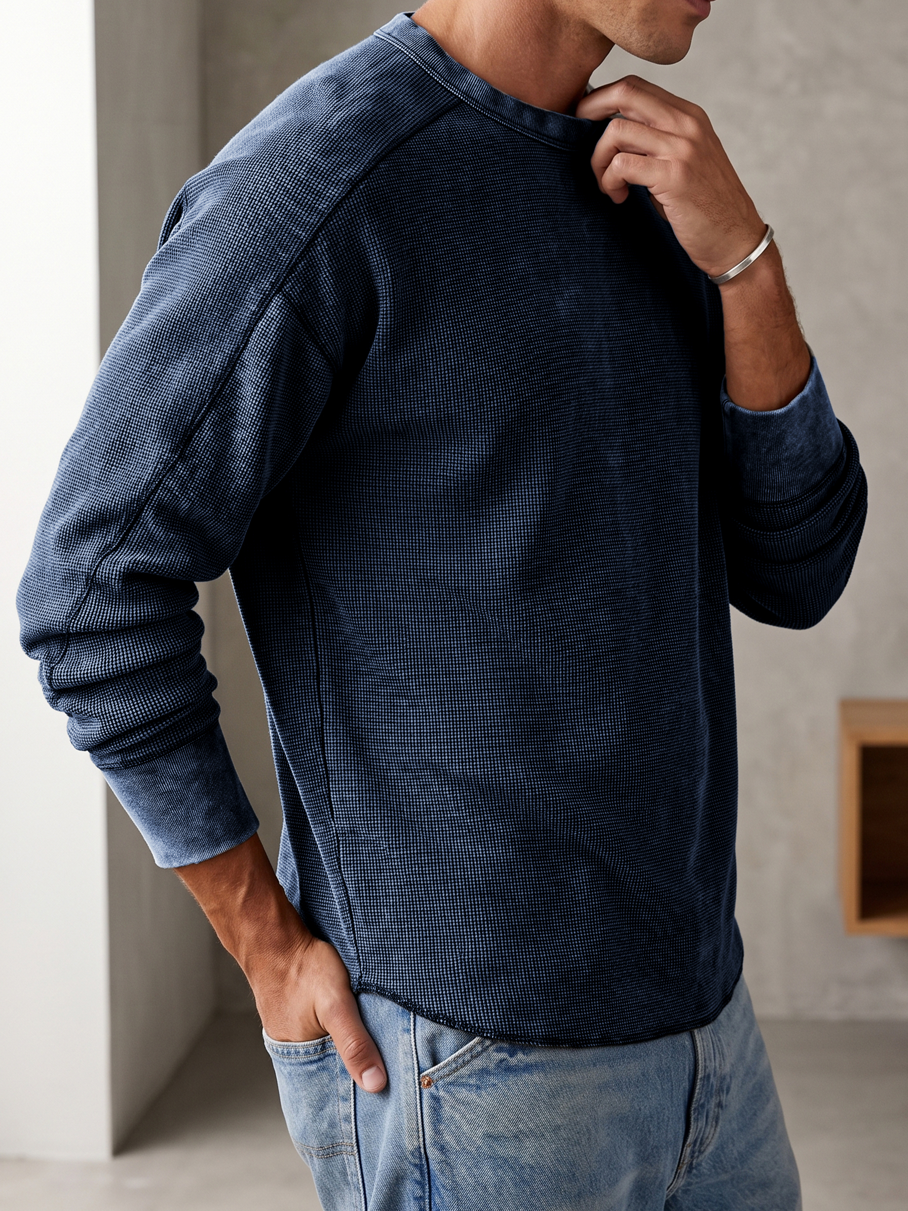 Vintage Dyed Waffle Textured Basic Long-sleeve Pullover T-shirt