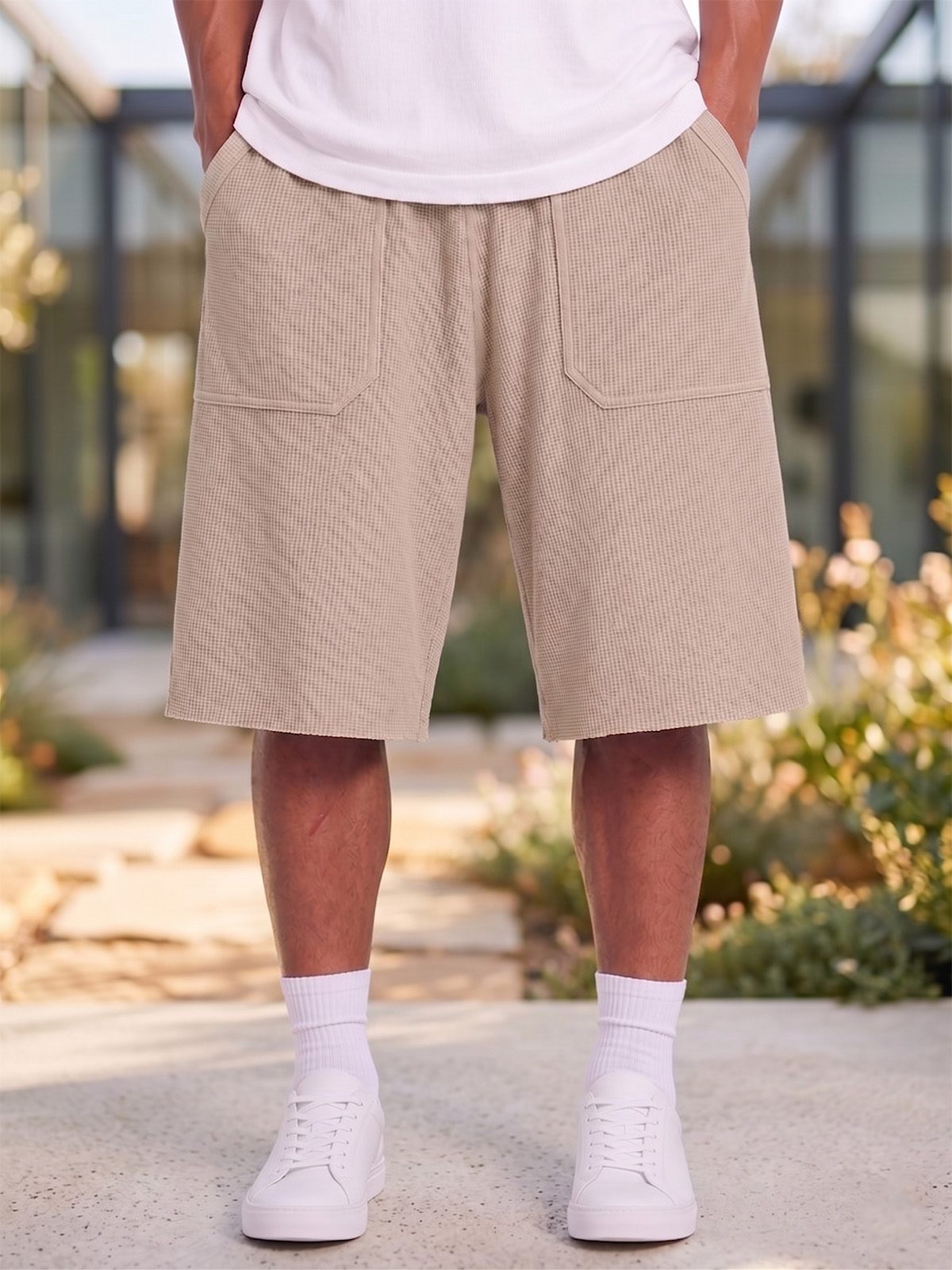 Breathable Waffle-Knit Textured Shorts with Vintage Deep Patch Pockets