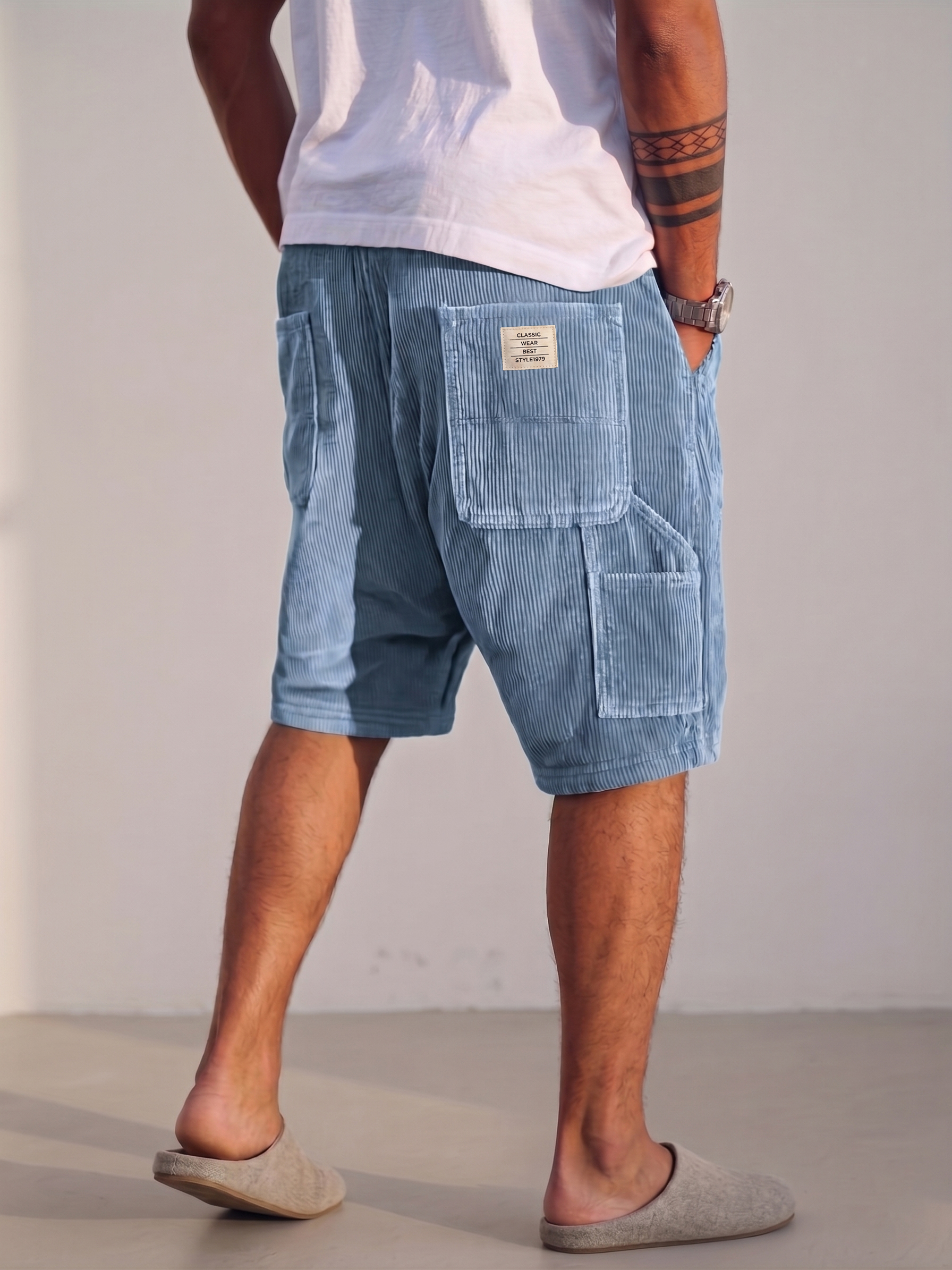 Men's Vintage Corduroy Shorts - Embroidered Comfort Fit Casual Bottoms