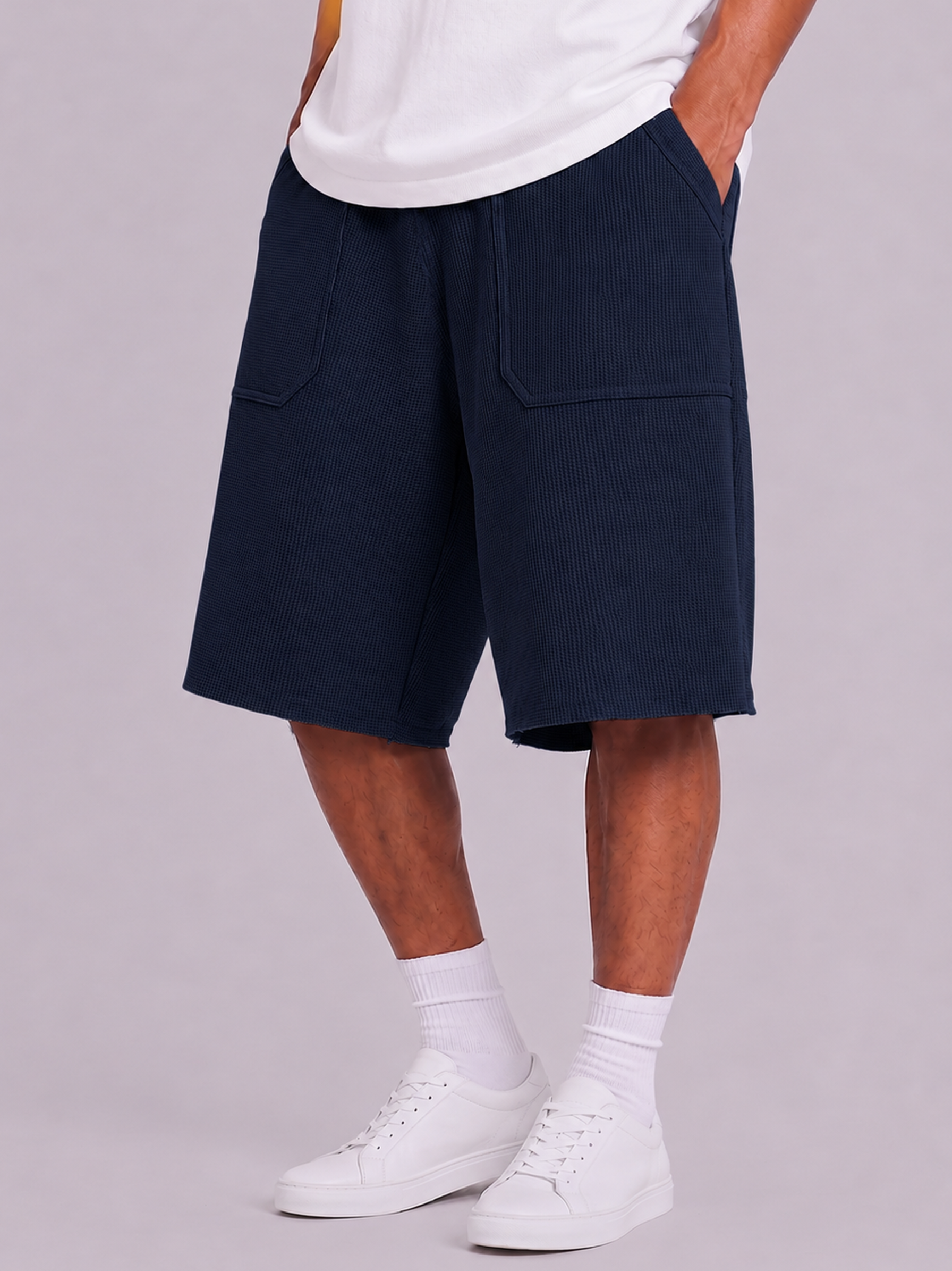 Breathable Waffle-Knit Textured Shorts with Vintage Deep Patch Pockets