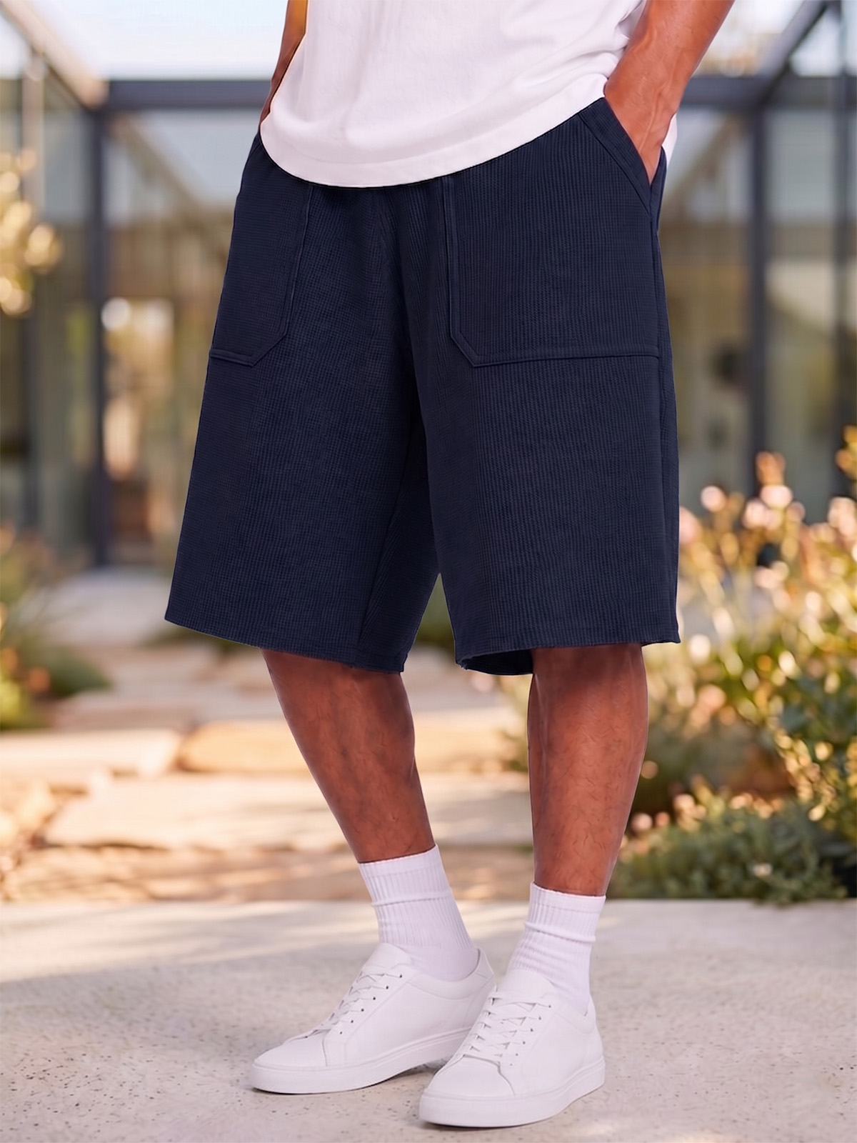 Breathable Waffle-Knit Textured Shorts with Vintage Deep Patch Pockets