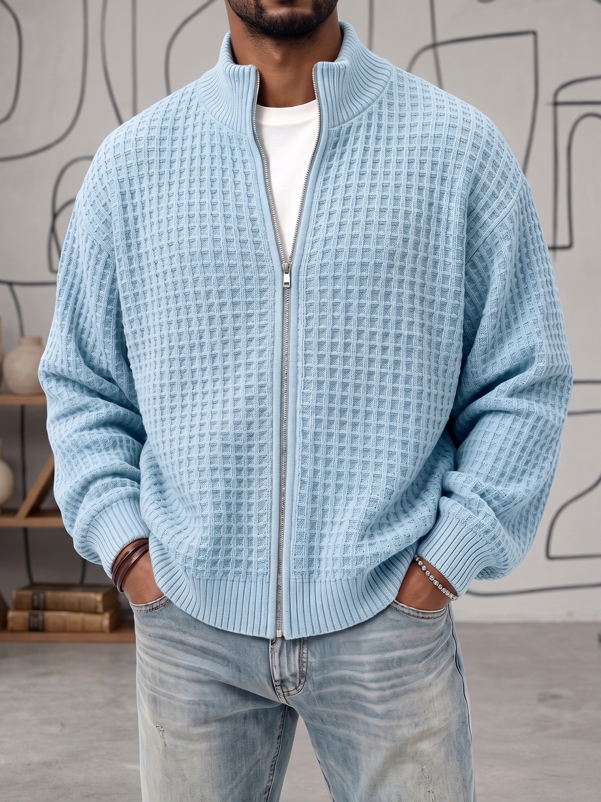 Textured Waffle Knit Cardigan Zip-up Jacket Sweatshirt