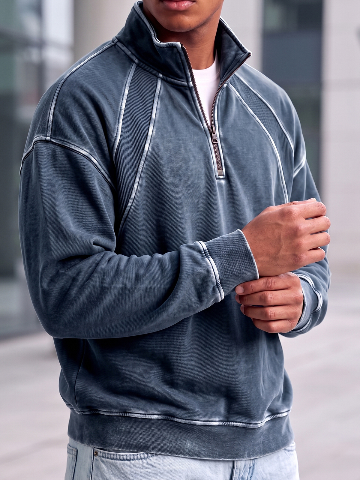 Heavyweight Cotton Quarter-Zip Polo Shirt with Vintage Texture and Ribbed Raglan Paneling Design