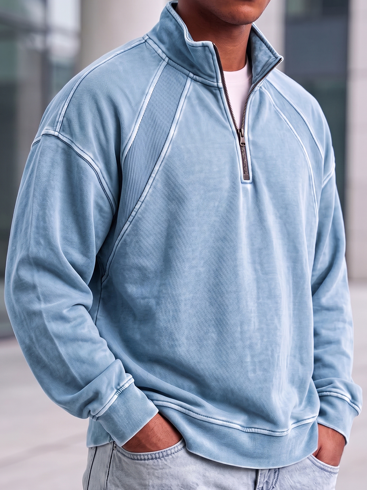 Heavyweight Cotton Quarter-Zip Polo Shirt with Vintage Texture and Ribbed Raglan Paneling Design