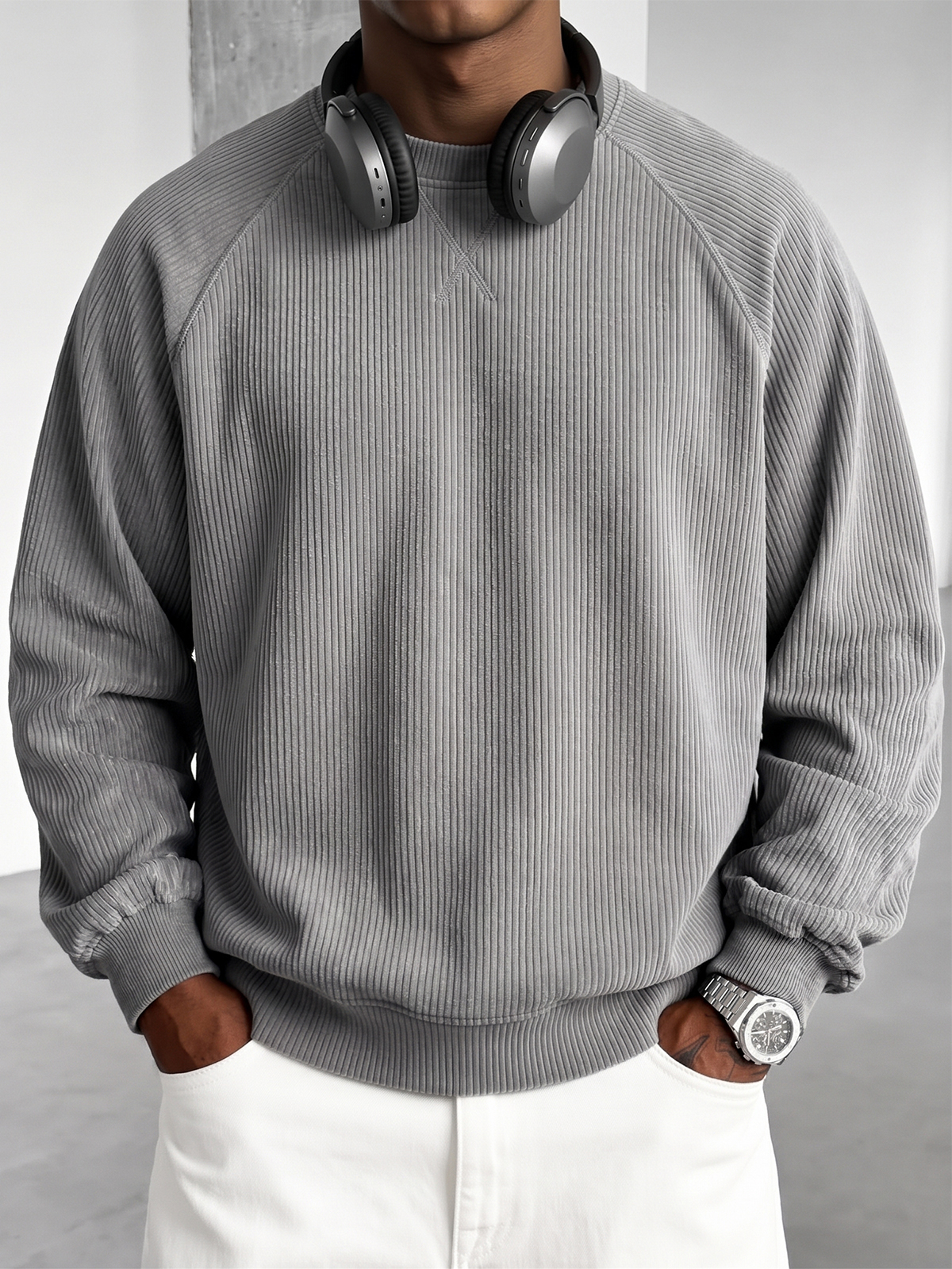Stylish Oversized Corduroy Crew-neck Sweatshirt