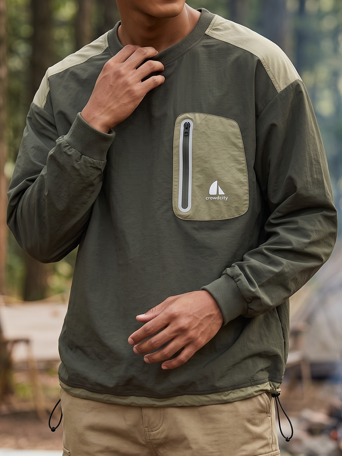 Outdoor Retro Workwear-Style Waterproof Quick-Dry Crew-Neck Color-Block Pullover Top