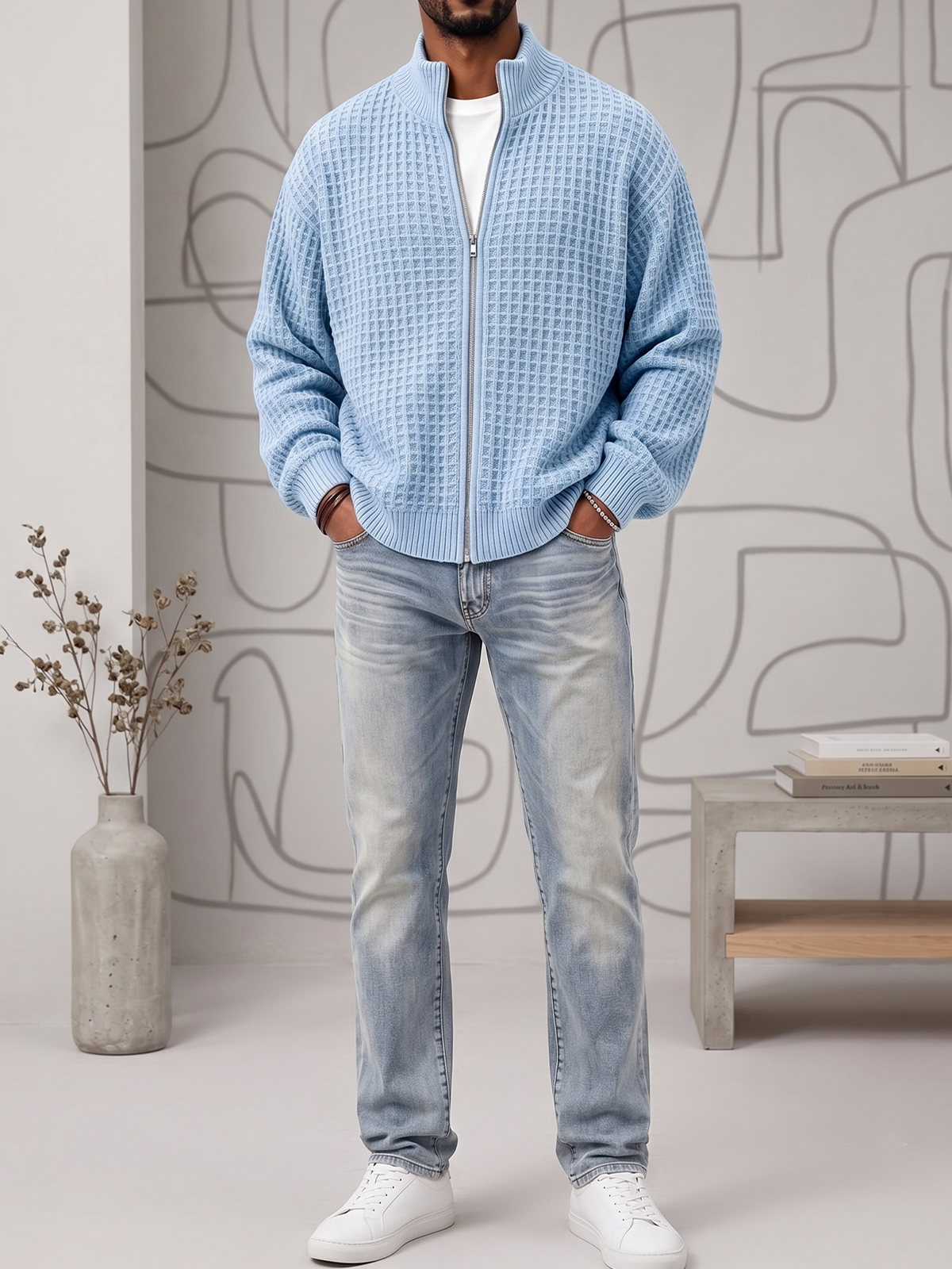 Textured Waffle Knit Cardigan Zip-up Jacket Sweatshirt