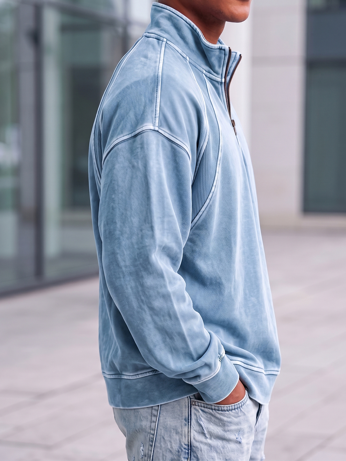 Heavyweight Cotton Quarter-Zip Polo Shirt with Vintage Texture and Ribbed Raglan Paneling Design