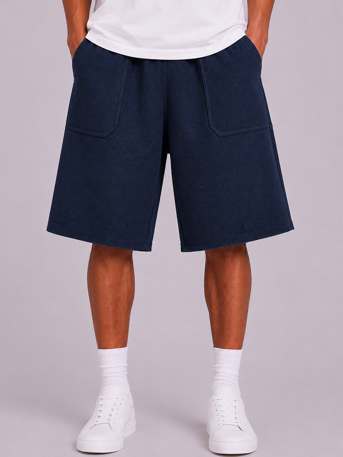 Breathable Waffle-Knit Textured Shorts with Vintage Deep Patch Pockets