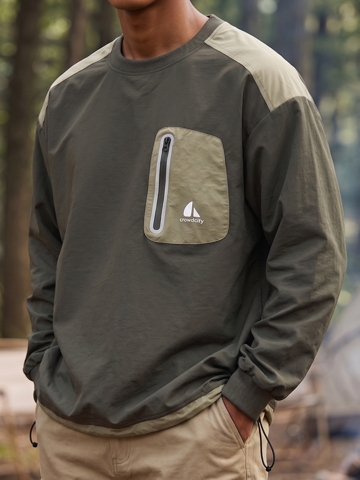 Outdoor Retro Workwear-Style Waterproof Quick-Dry Crew-Neck Color-Block Pullover Top