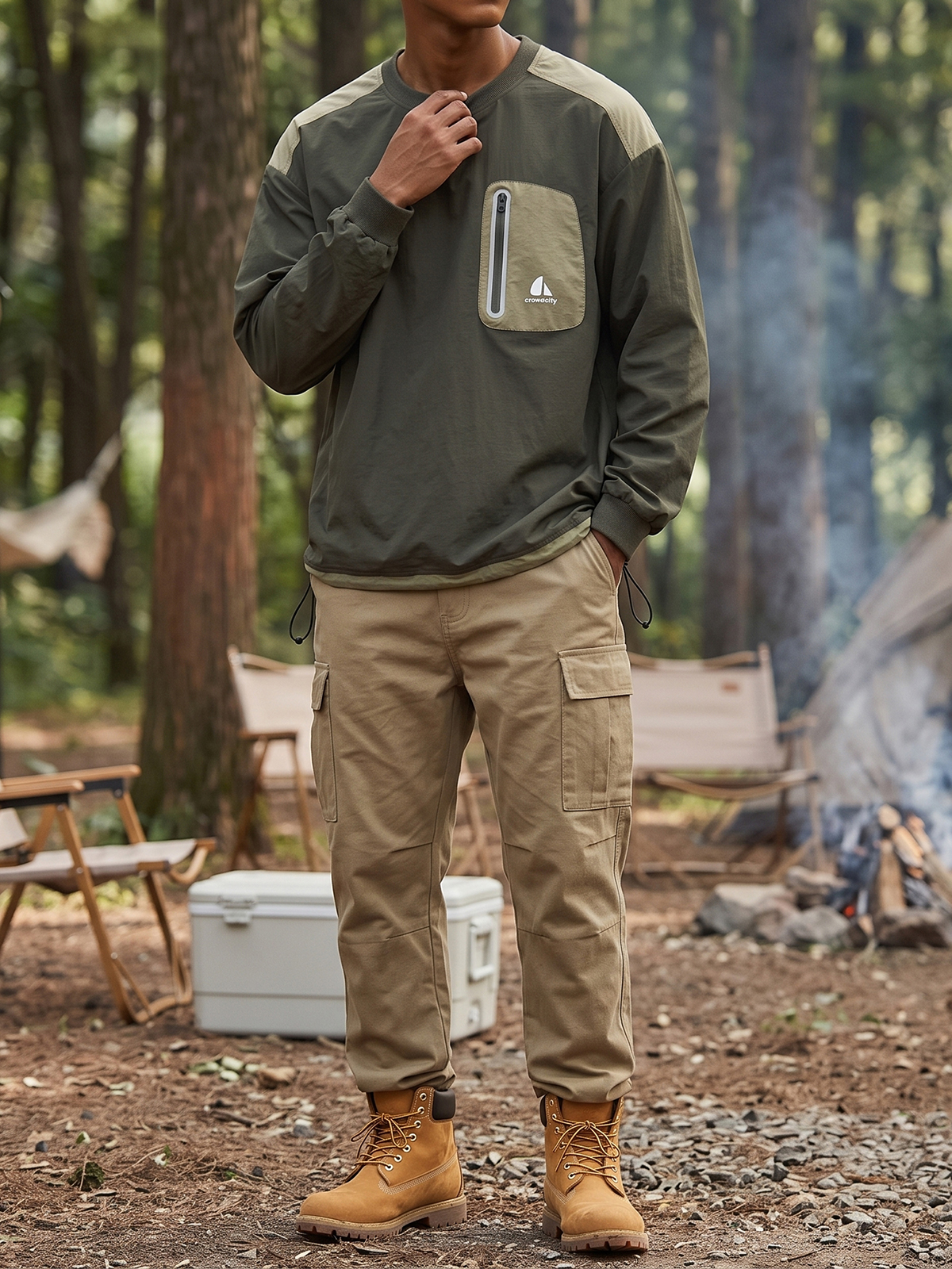 Outdoor Retro Workwear-Style Waterproof Quick-Dry Crew-Neck Color-Block Pullover Top