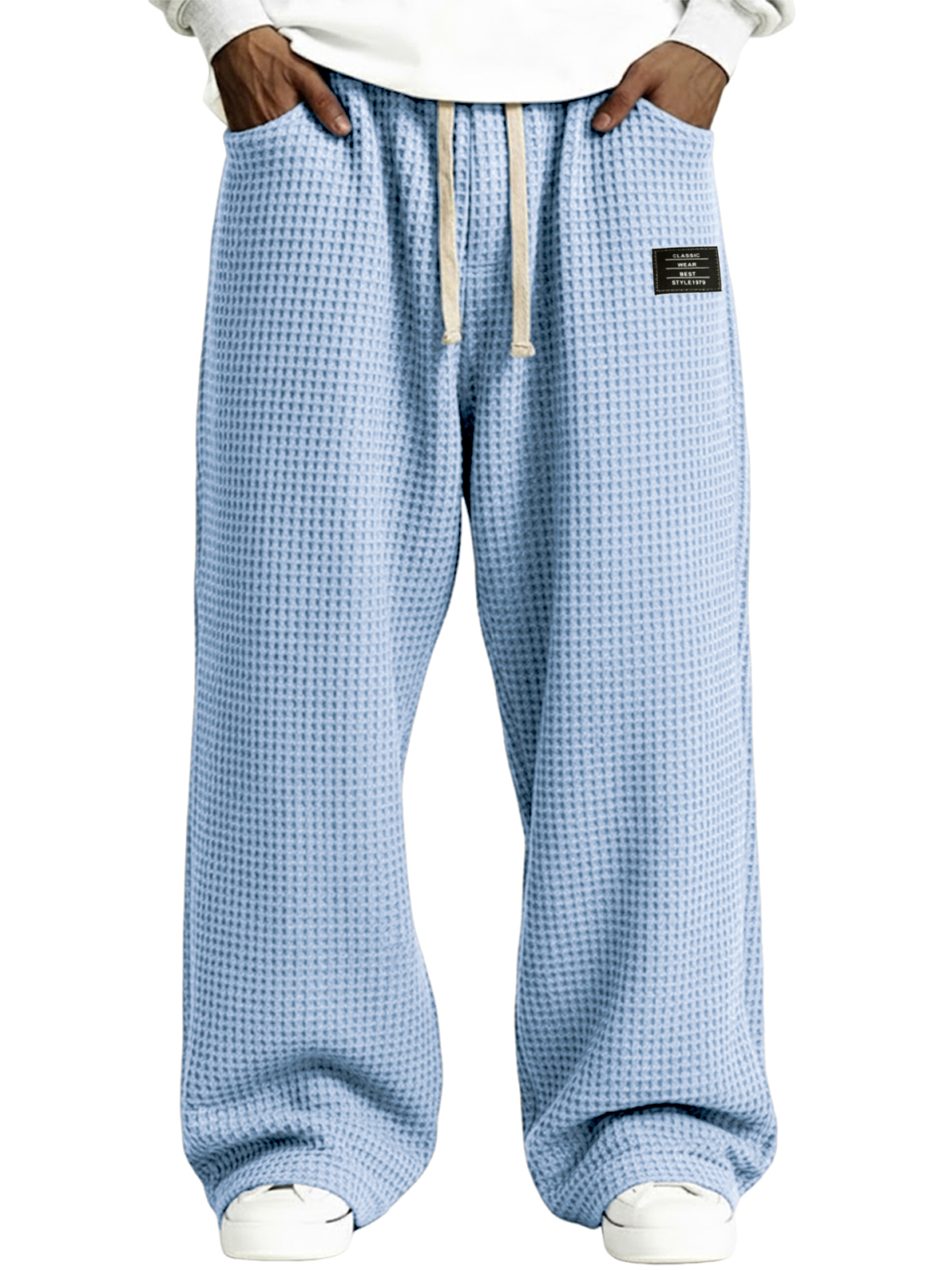 Men's Casual Waffle-Knit Drawstring Pants with Embroidered Label