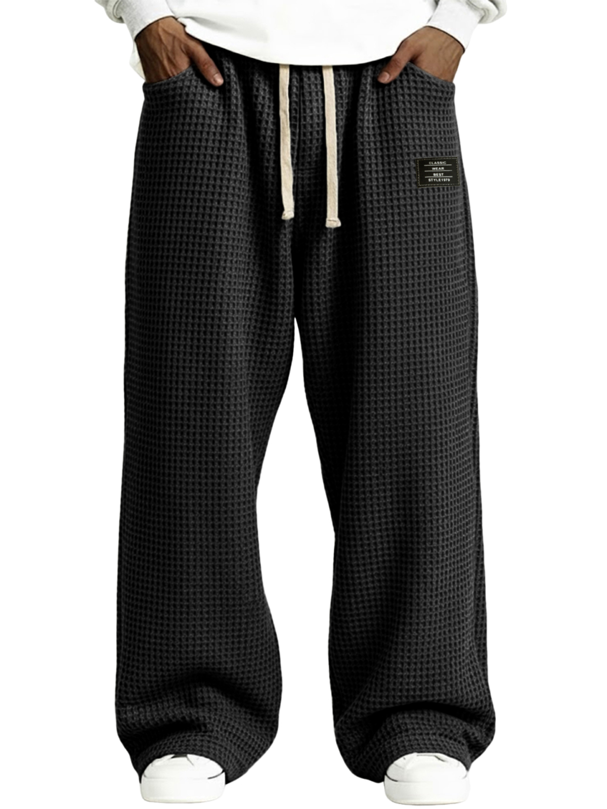 Men's Casual Waffle-Knit Drawstring Pants with Embroidered Label