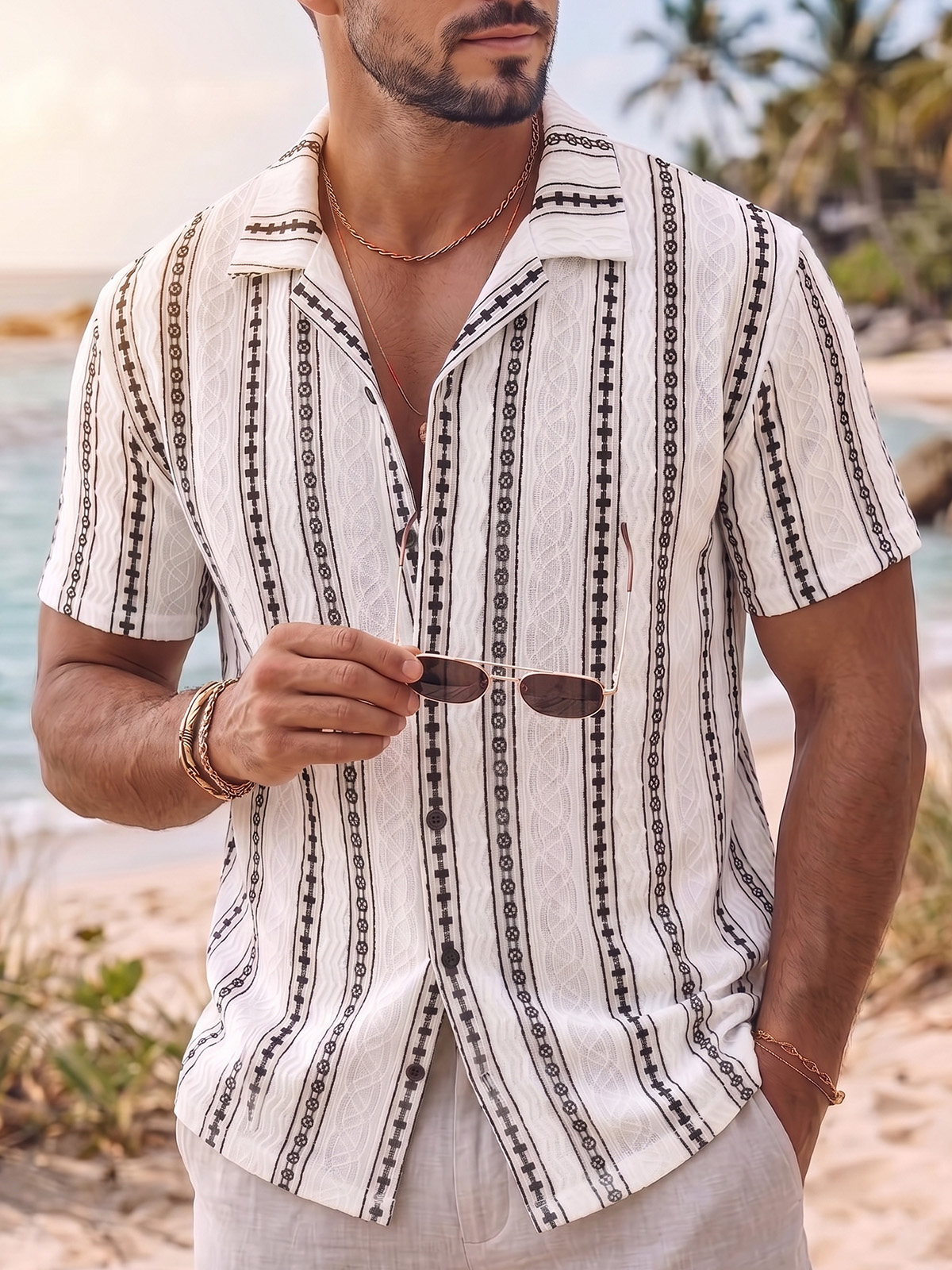 Men's Vintage Geometric Jacquard Short-Sleeve Cuban Collar Shirt with Artisanal Vertical Pattern