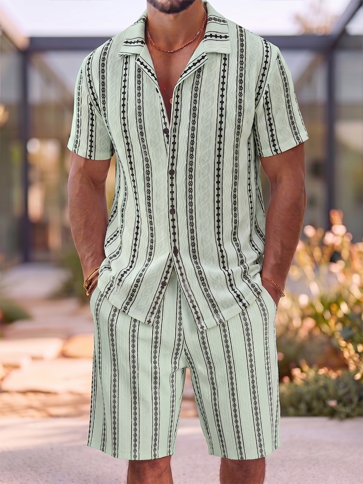 Men's Matching Set: Vintage Geometric Jacquard Short-Sleeve Cuban Collar Shirt and Shorts