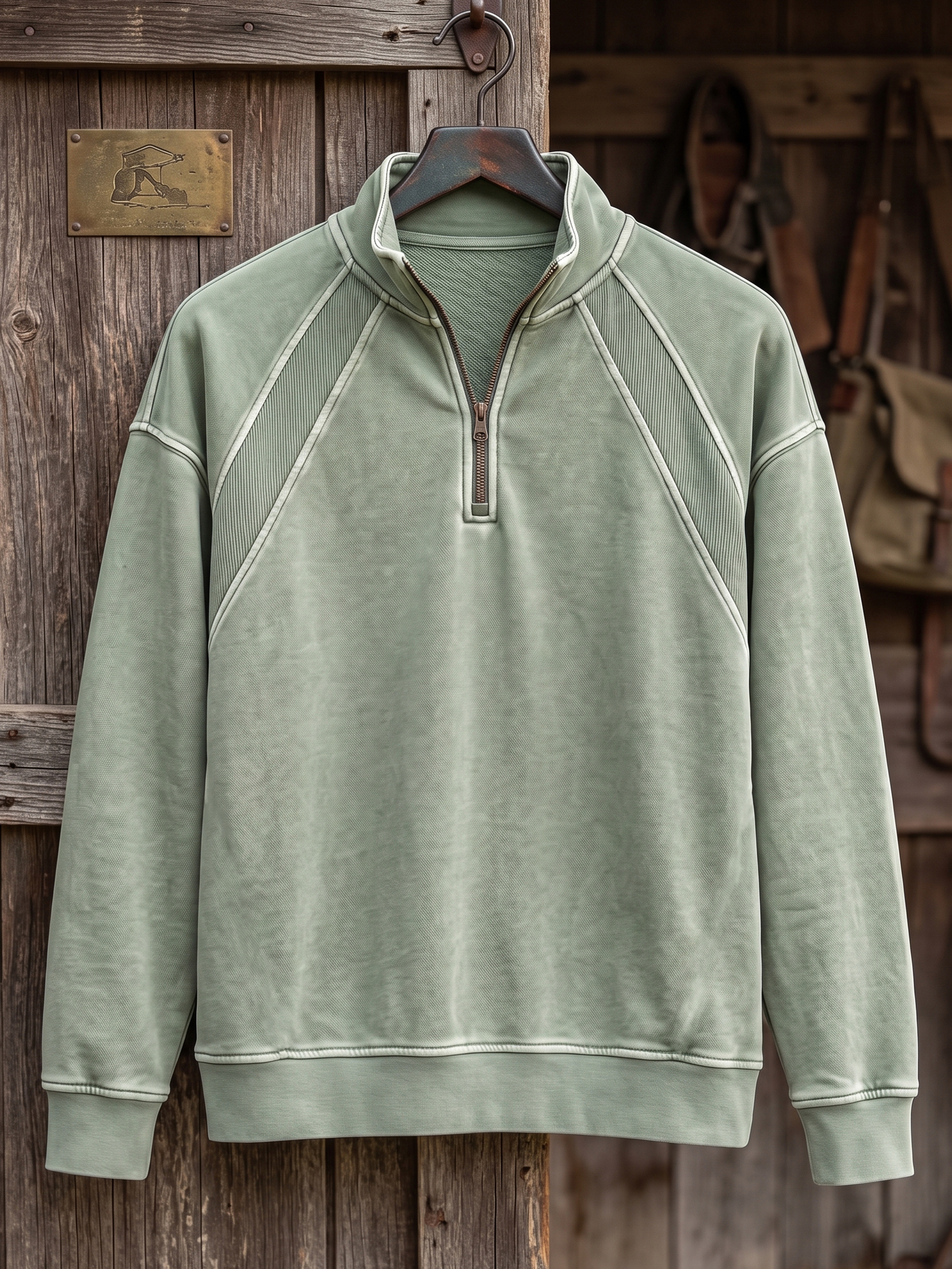 Heavyweight Cotton Quarter-Zip Polo Shirt with Vintage Texture and Ribbed Raglan Paneling Design