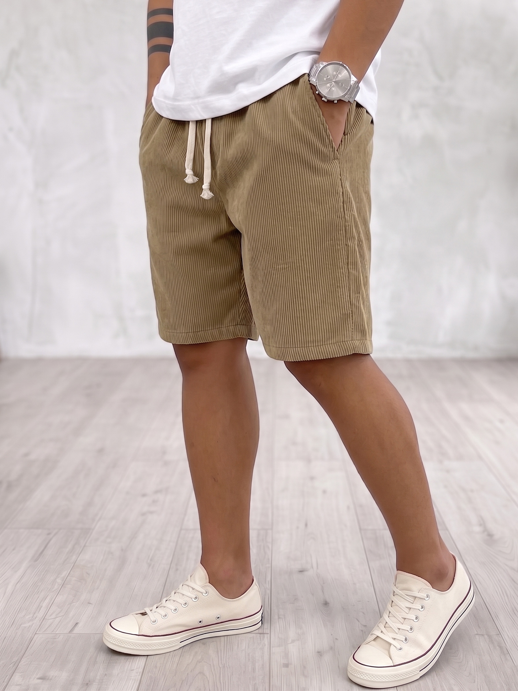 Stylish Corduroy Khaki Drawstring Shorts with Side Pockets